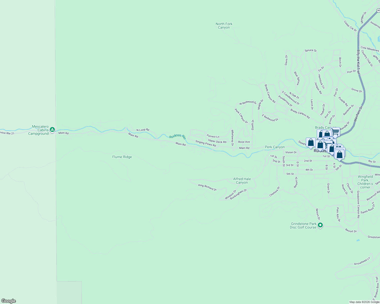 map of restaurants, bars, coffee shops, grocery stores, and more near 107 Sherwood Loop in Ruidoso