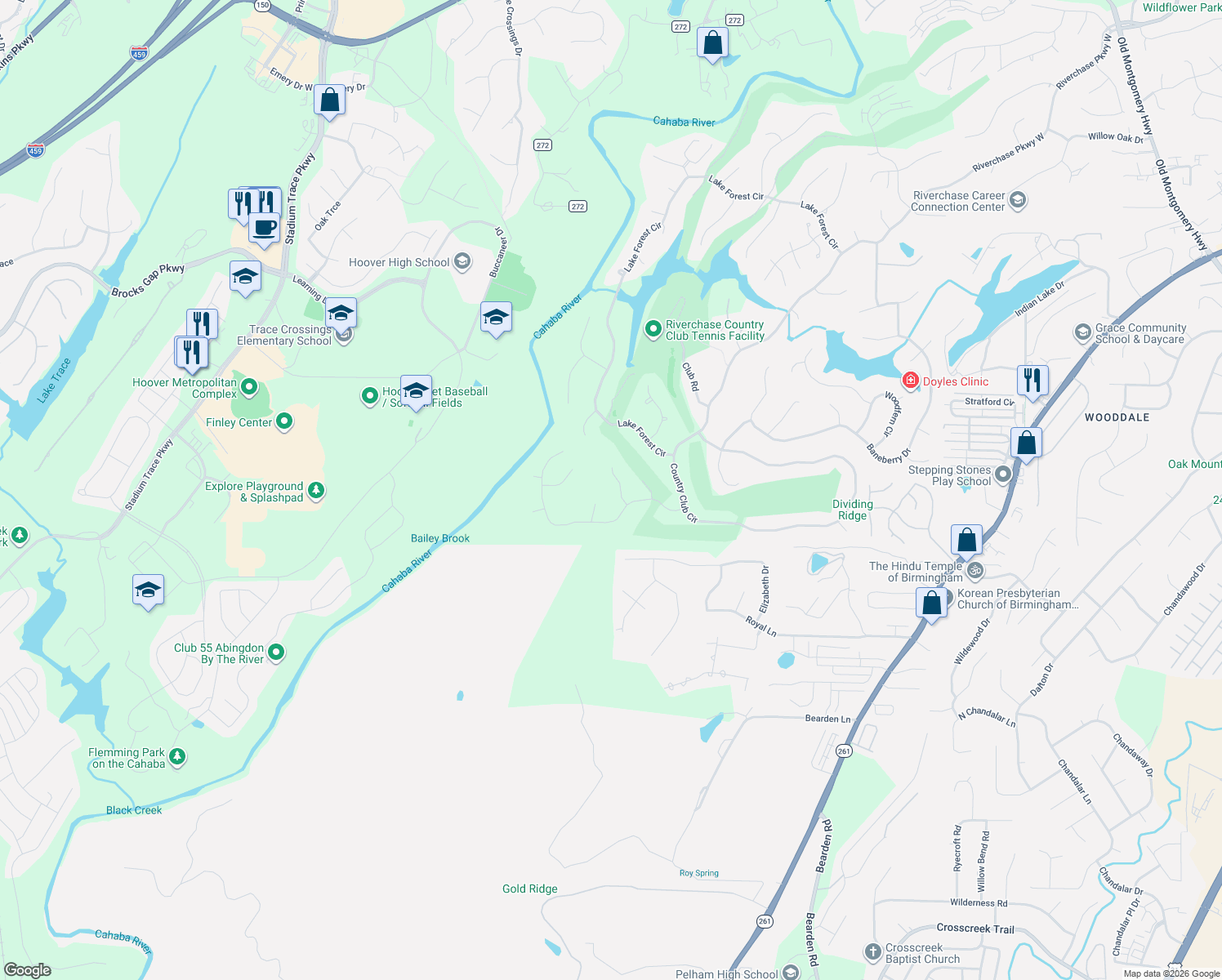 map of restaurants, bars, coffee shops, grocery stores, and more near 1309 Fairway View Lane in Birmingham