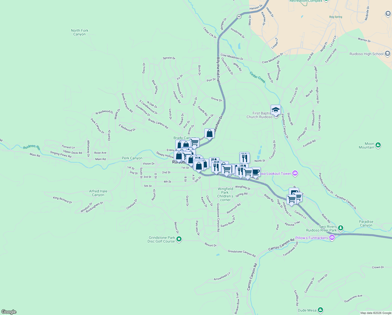 map of restaurants, bars, coffee shops, grocery stores, and more near 105 Terrace Dr in Ruidoso