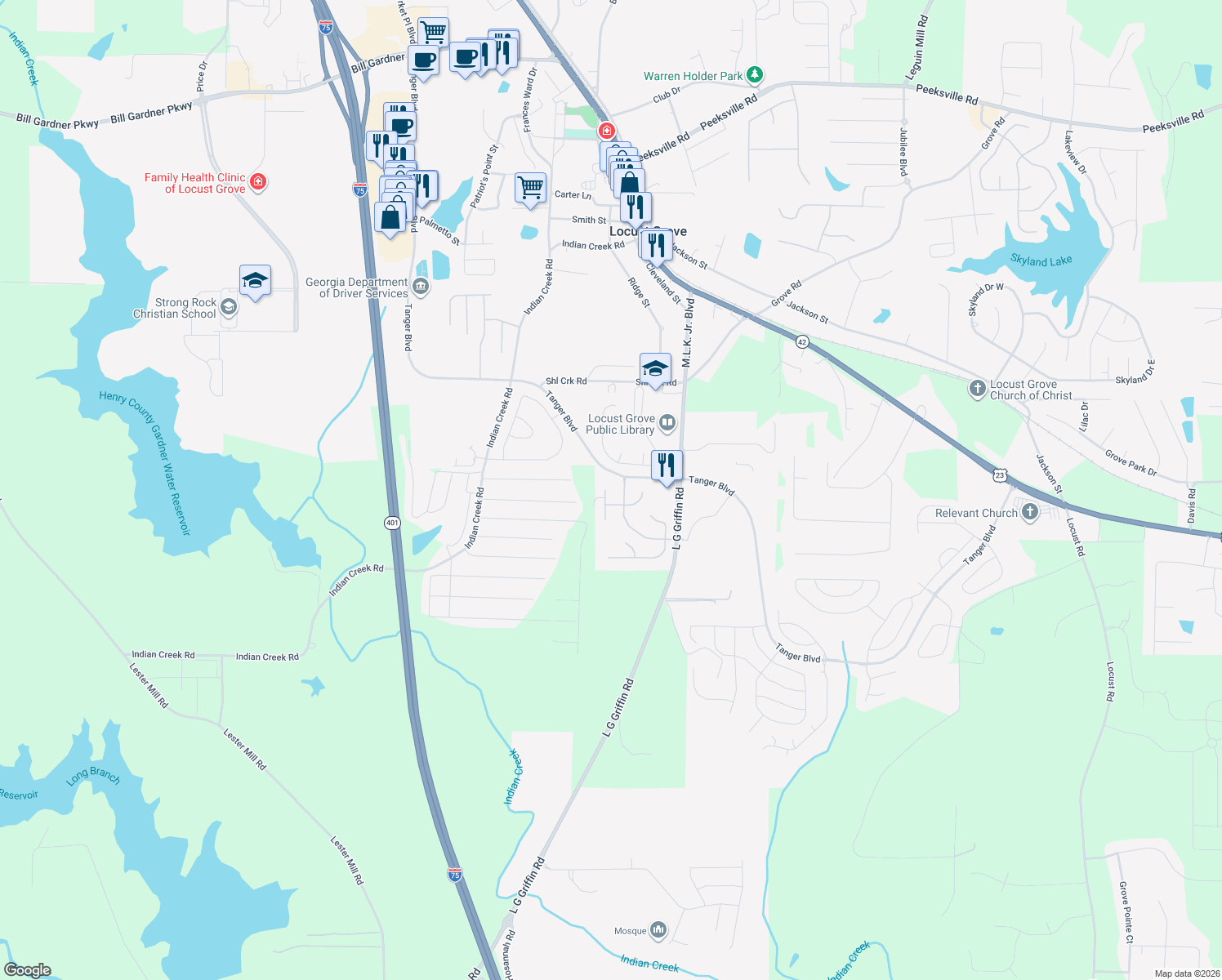 map of restaurants, bars, coffee shops, grocery stores, and more near 1428 Saint Teresa Court in Locust Grove