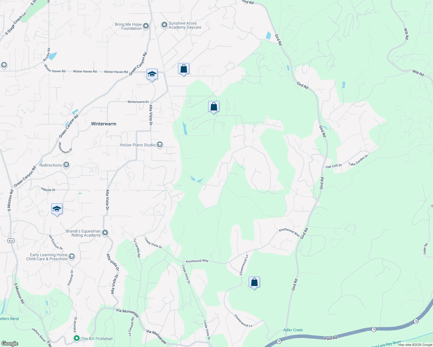 map of restaurants, bars, coffee shops, grocery stores, and more near 2869 Dos Lomas Place in Fallbrook