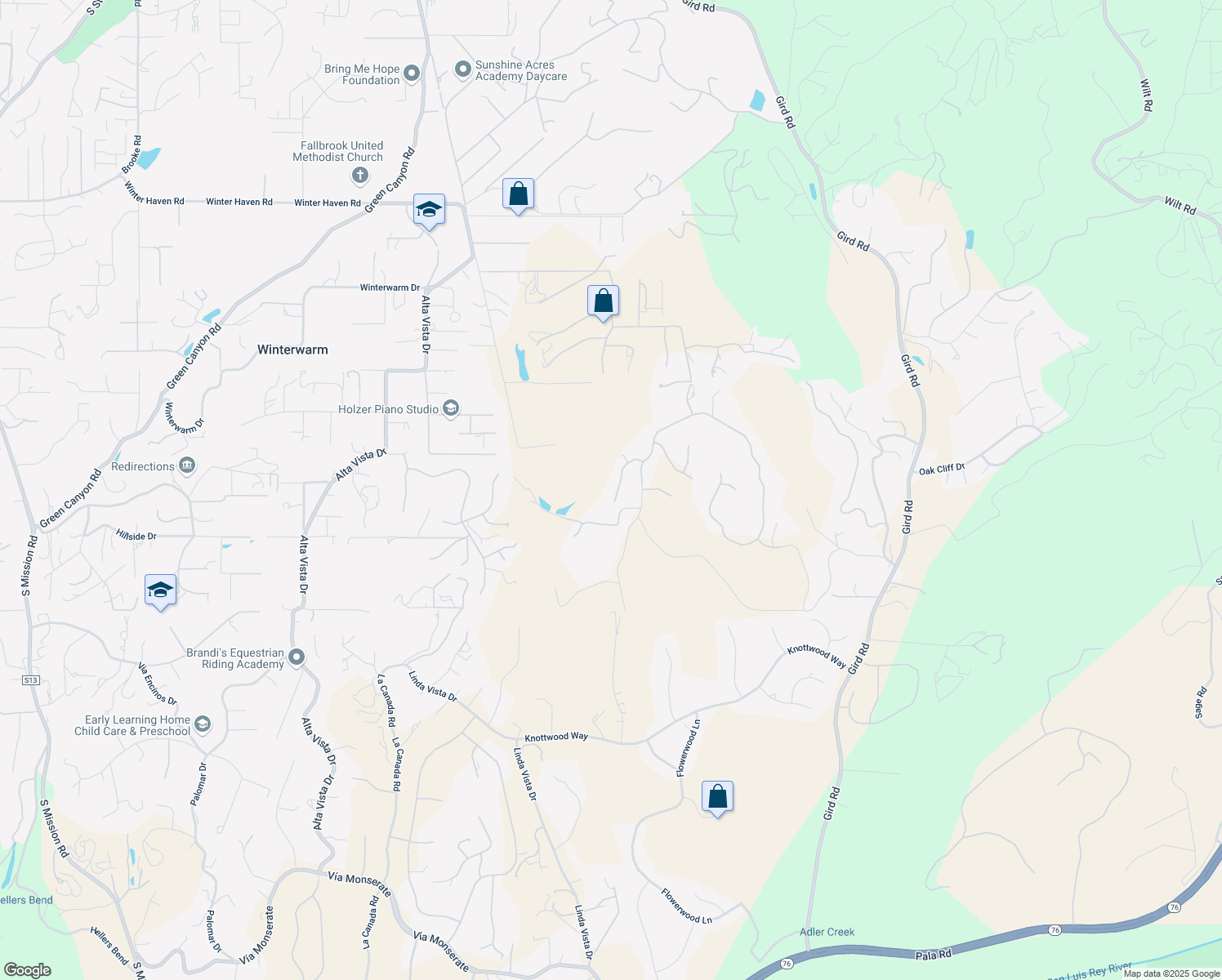 map of restaurants, bars, coffee shops, grocery stores, and more near 2869 Dos Lomas Place in Fallbrook