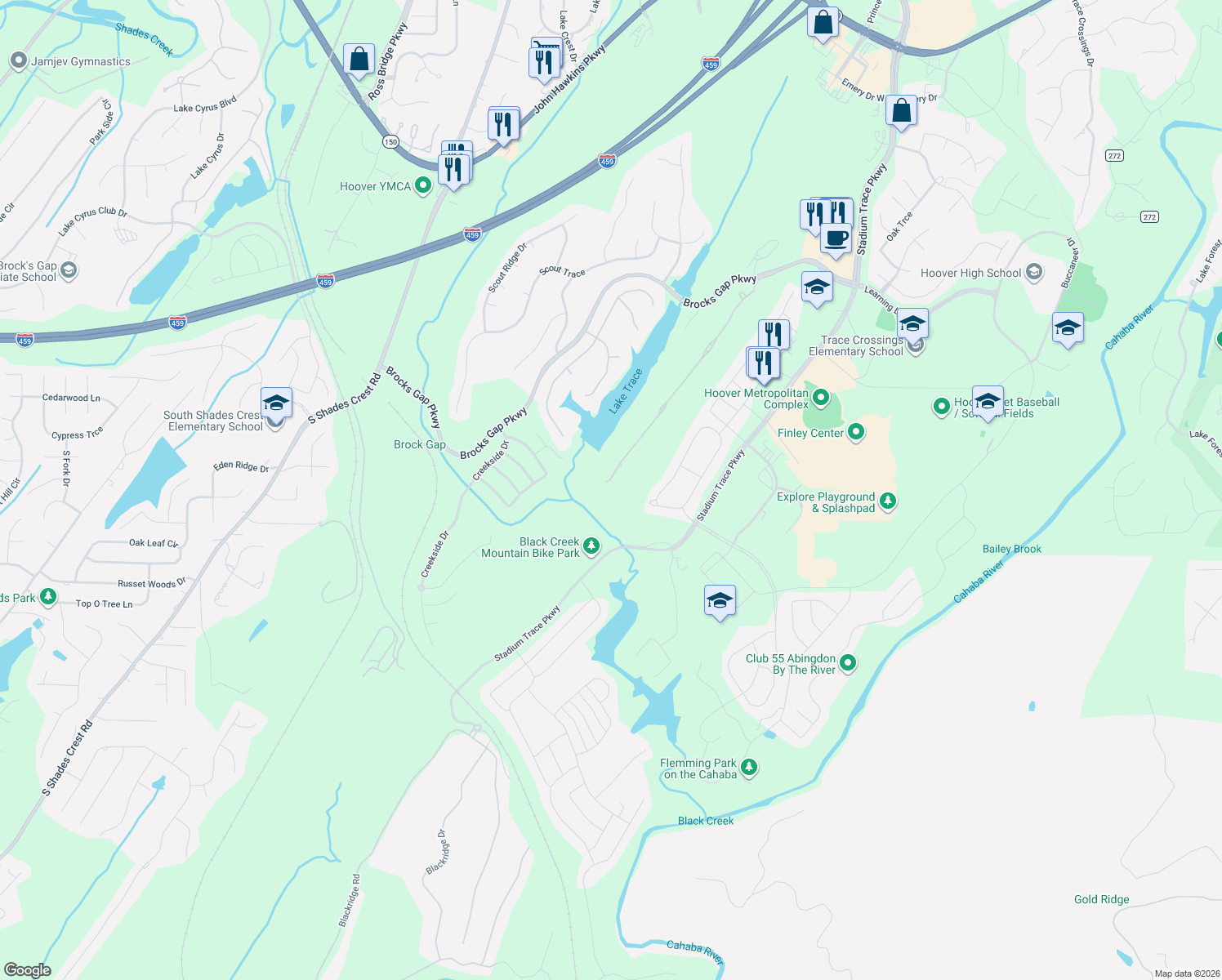 map of restaurants, bars, coffee shops, grocery stores, and more near 5836 Chestnut Trace in Birmingham