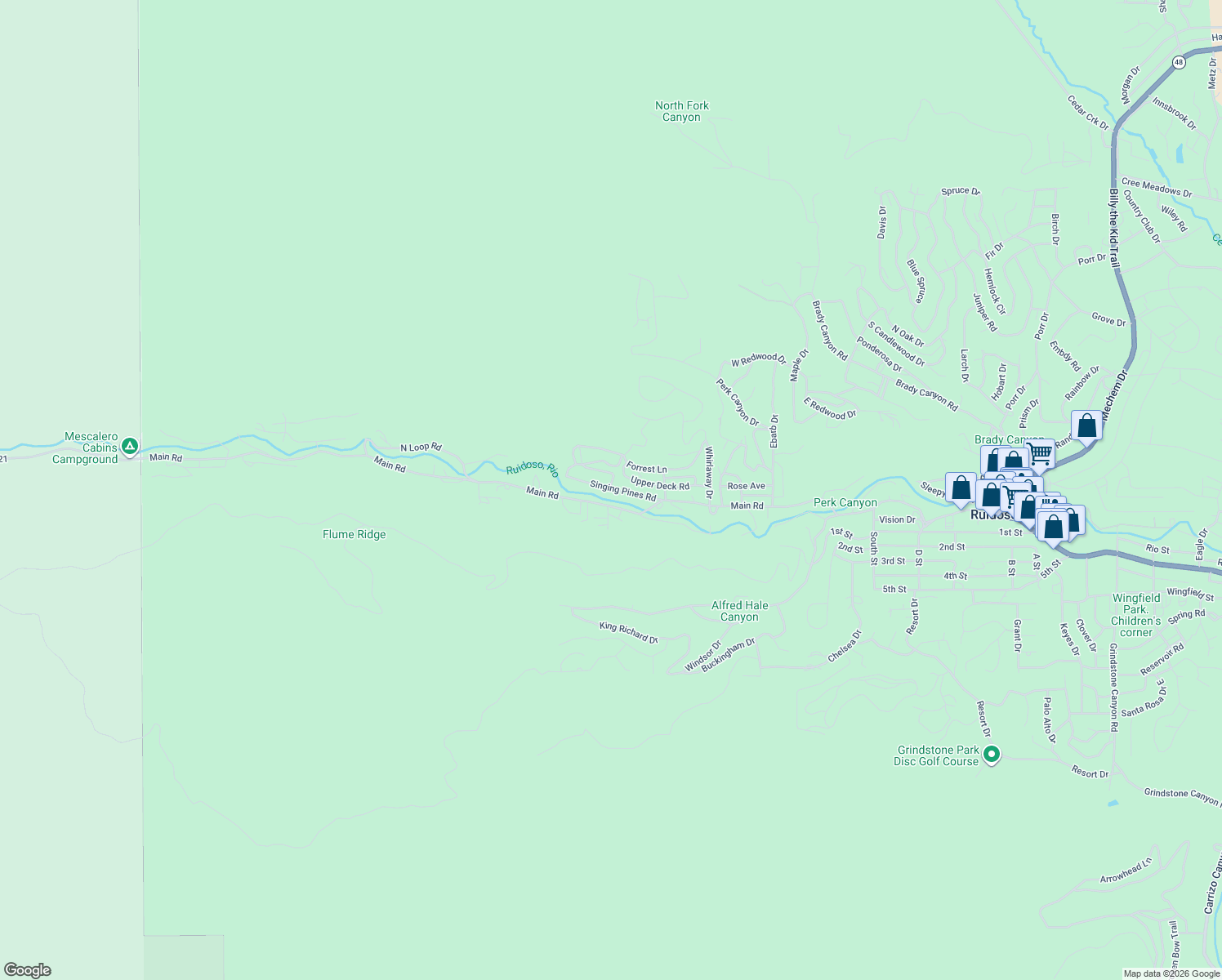 map of restaurants, bars, coffee shops, grocery stores, and more near 101 Mosley Drive in Ruidoso