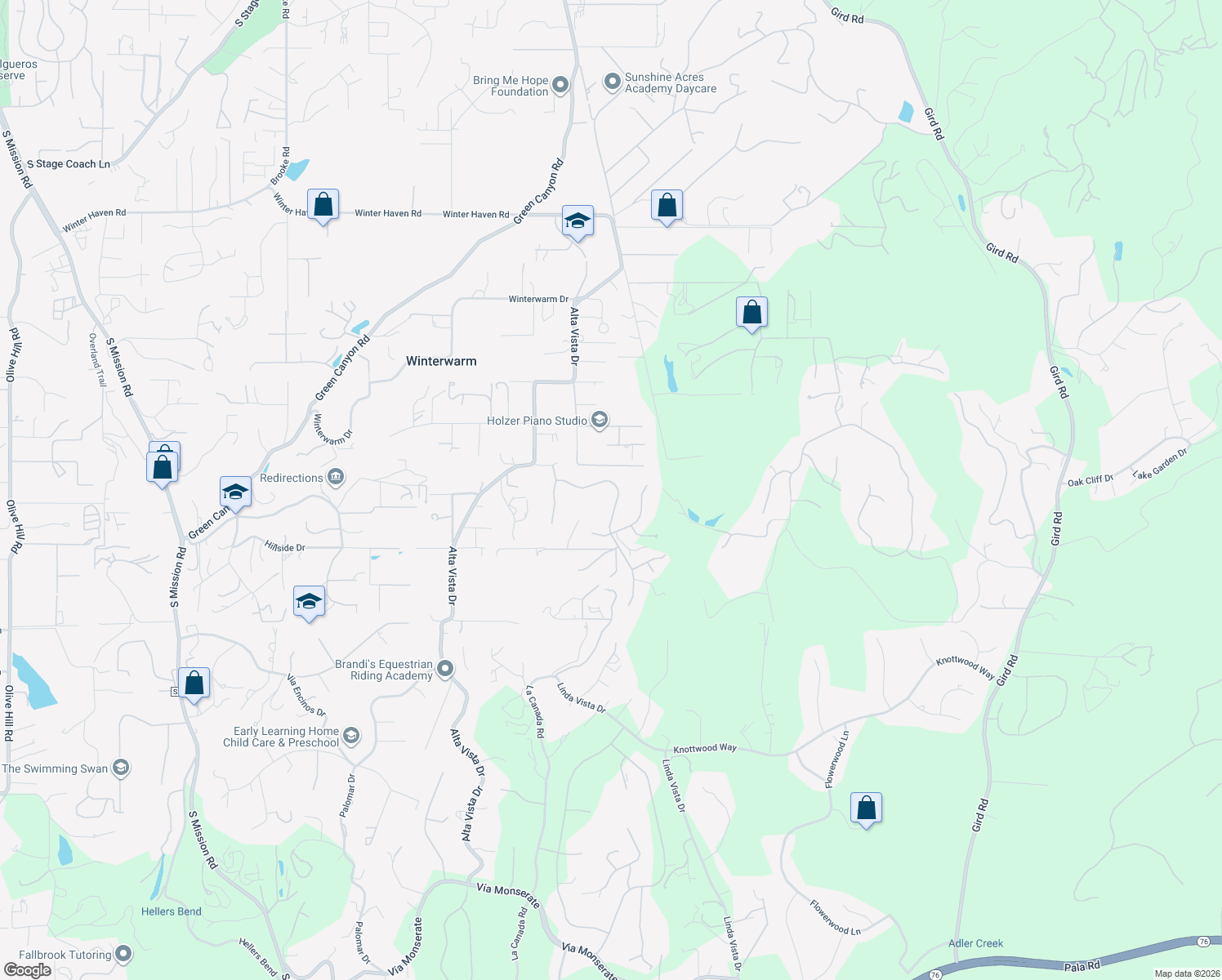 map of restaurants, bars, coffee shops, grocery stores, and more near 2101 Vista Valle Verde Drive in Fallbrook