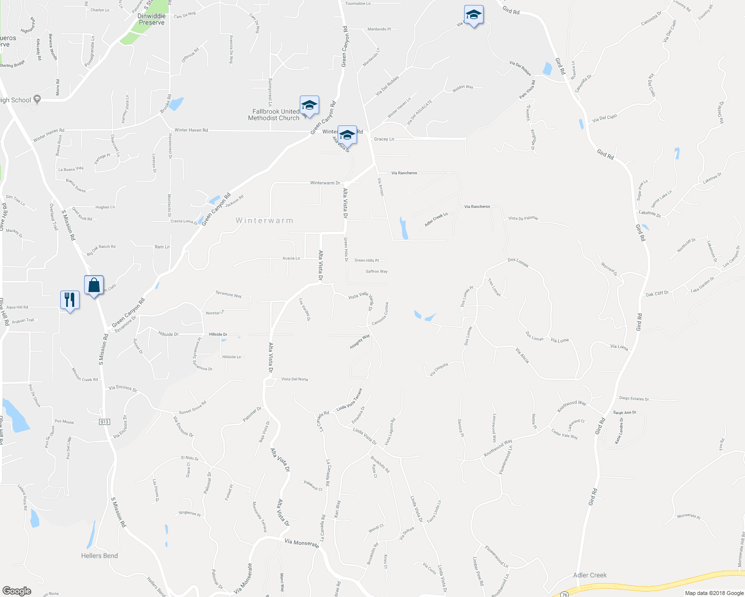 map of restaurants, bars, coffee shops, grocery stores, and more near 2149 Vista Valle Verde Drive in Fallbrook