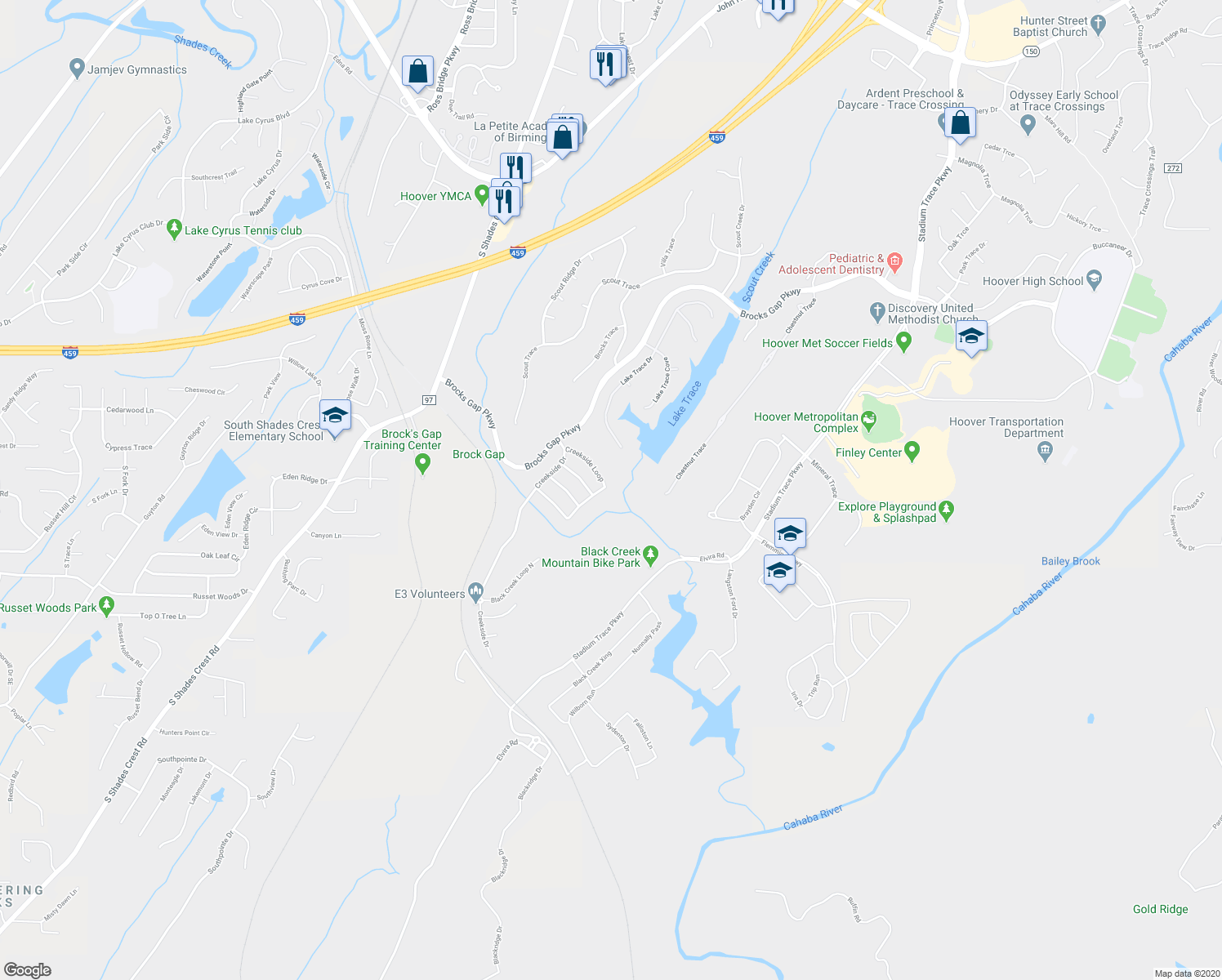map of restaurants, bars, coffee shops, grocery stores, and more near 5266 Creekside Loop in Hoover