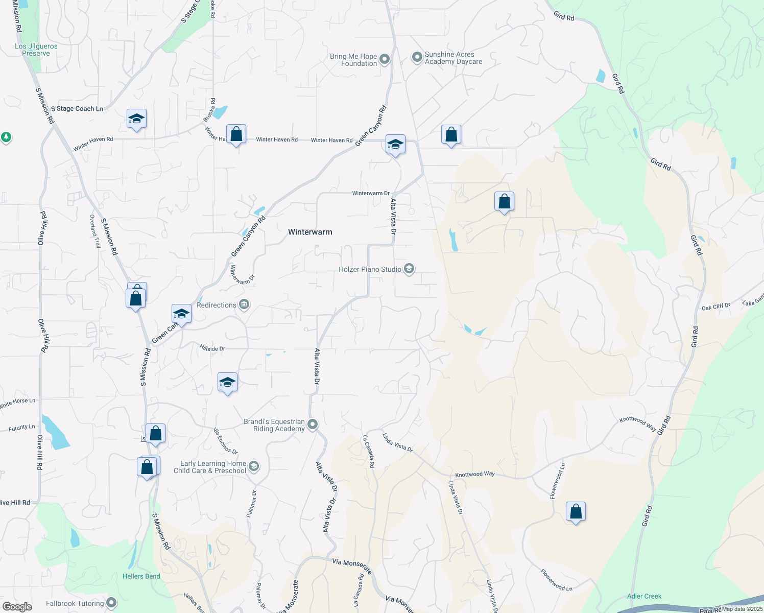 map of restaurants, bars, coffee shops, grocery stores, and more near Vista Valle Verde Drive & Camino Portofino in Fallbrook