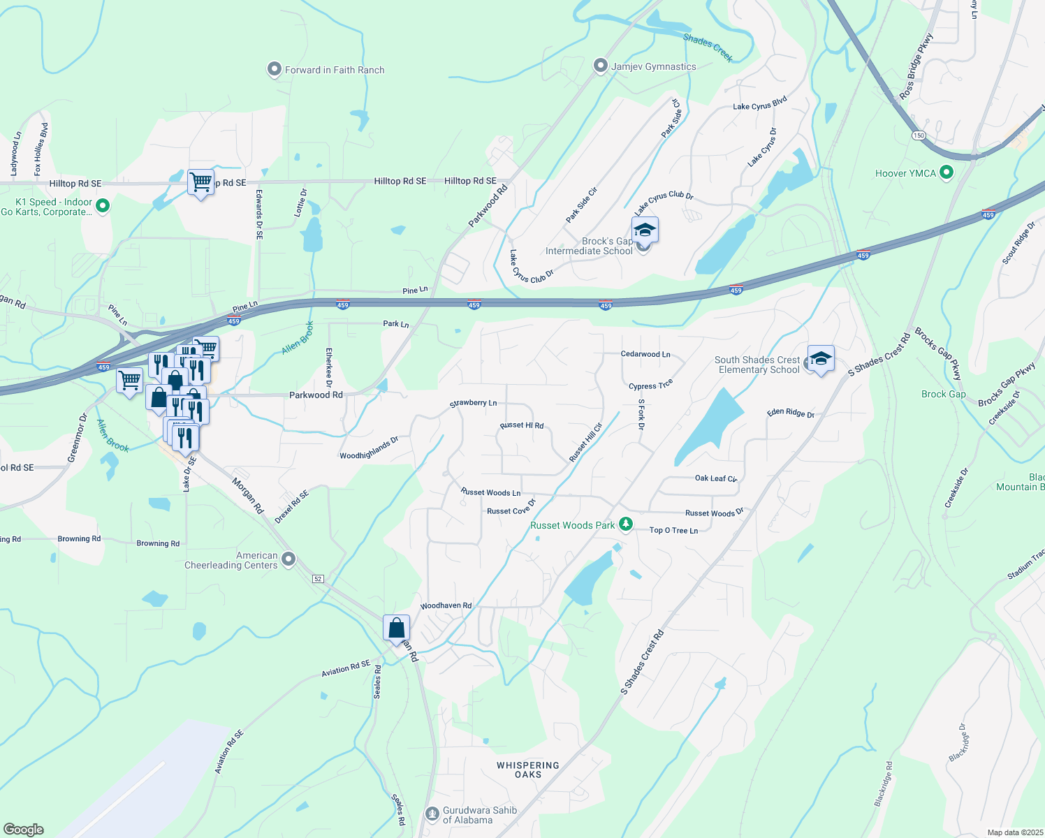 map of restaurants, bars, coffee shops, grocery stores, and more near 1812 Strawberry Lane in Hoover
