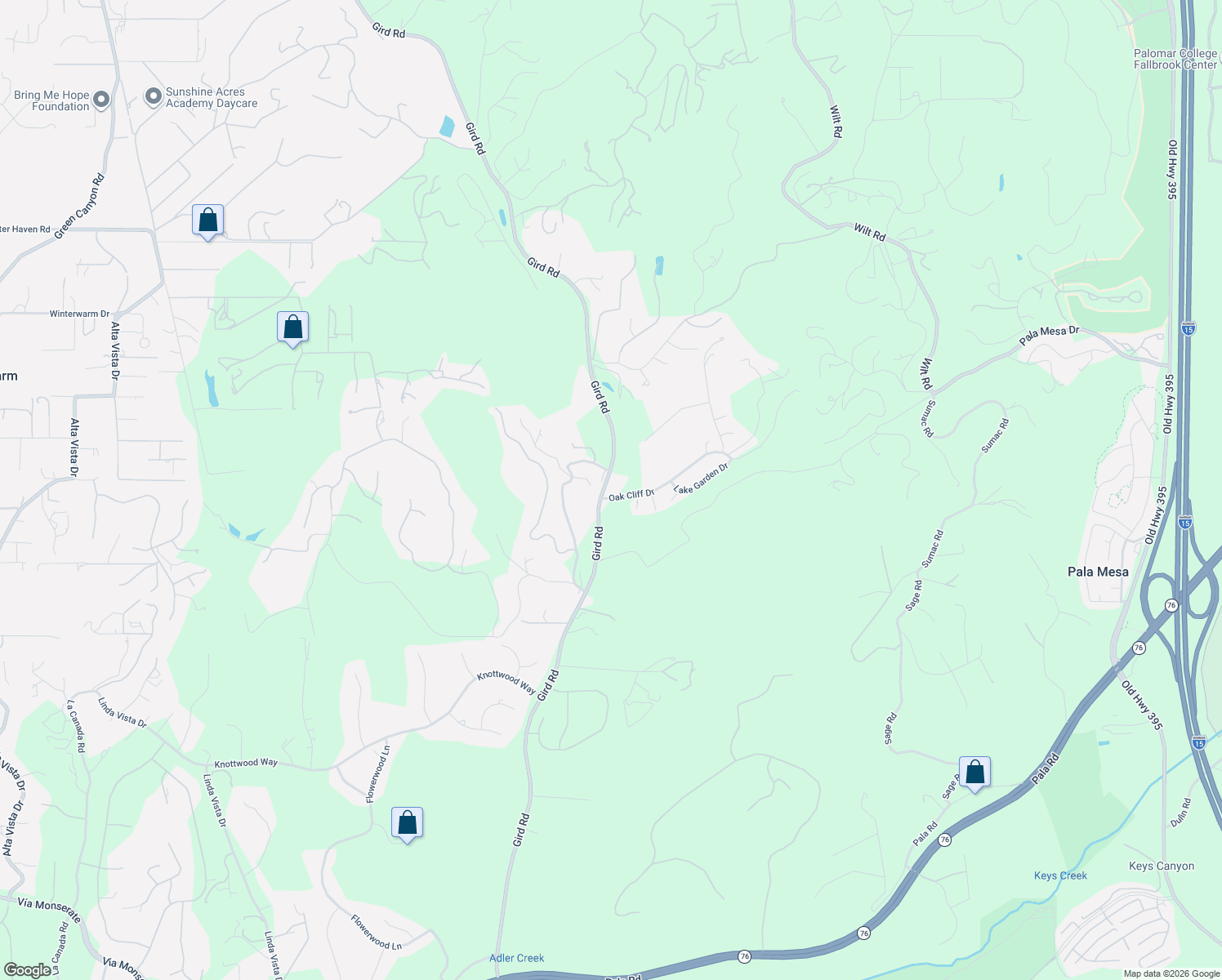 map of restaurants, bars, coffee shops, grocery stores, and more near 3080 Gird Road in Fallbrook