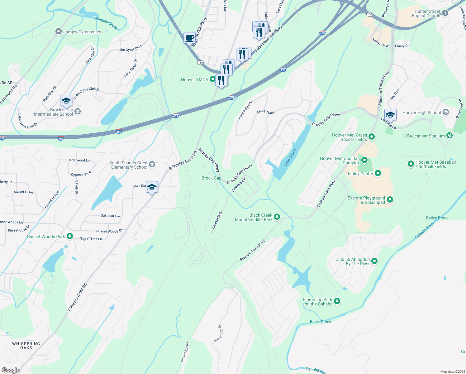 map of restaurants, bars, coffee shops, grocery stores, and more near 1543 Creekside Drive in Birmingham