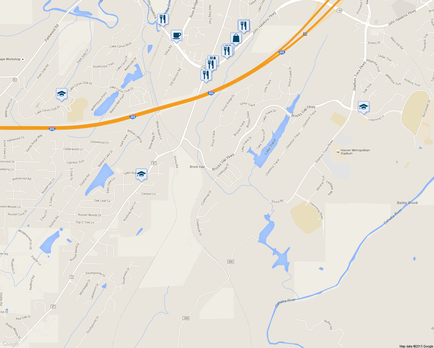 map of restaurants, bars, coffee shops, grocery stores, and more near 1543 Creekside Drive in Birmingham