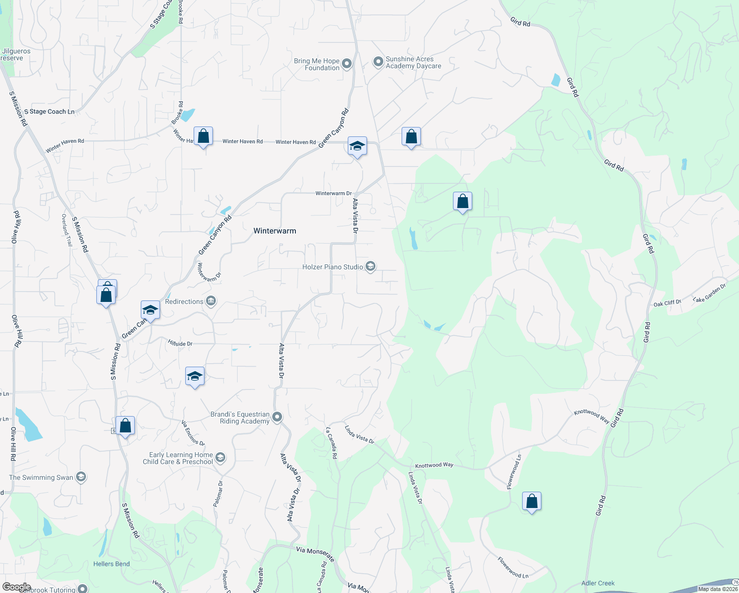 map of restaurants, bars, coffee shops, grocery stores, and more near 2082 Vista Valle Verde Drive in Fallbrook