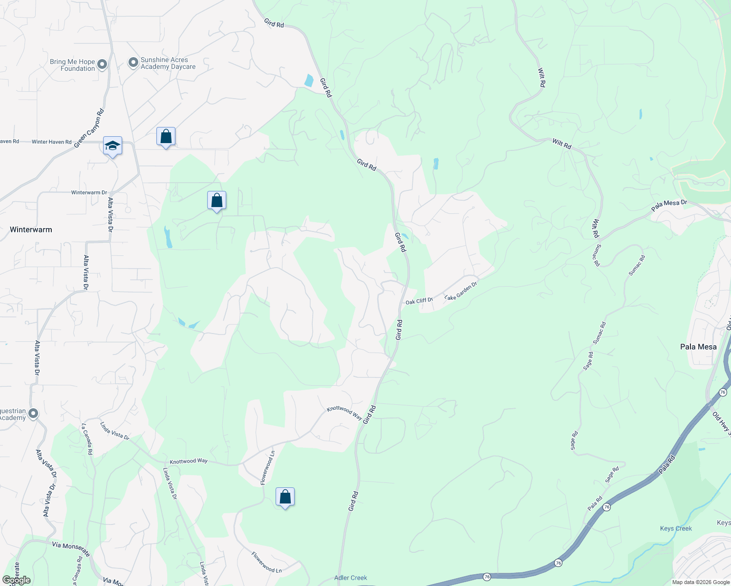 map of restaurants, bars, coffee shops, grocery stores, and more near 3149 Old Post Road in Fallbrook