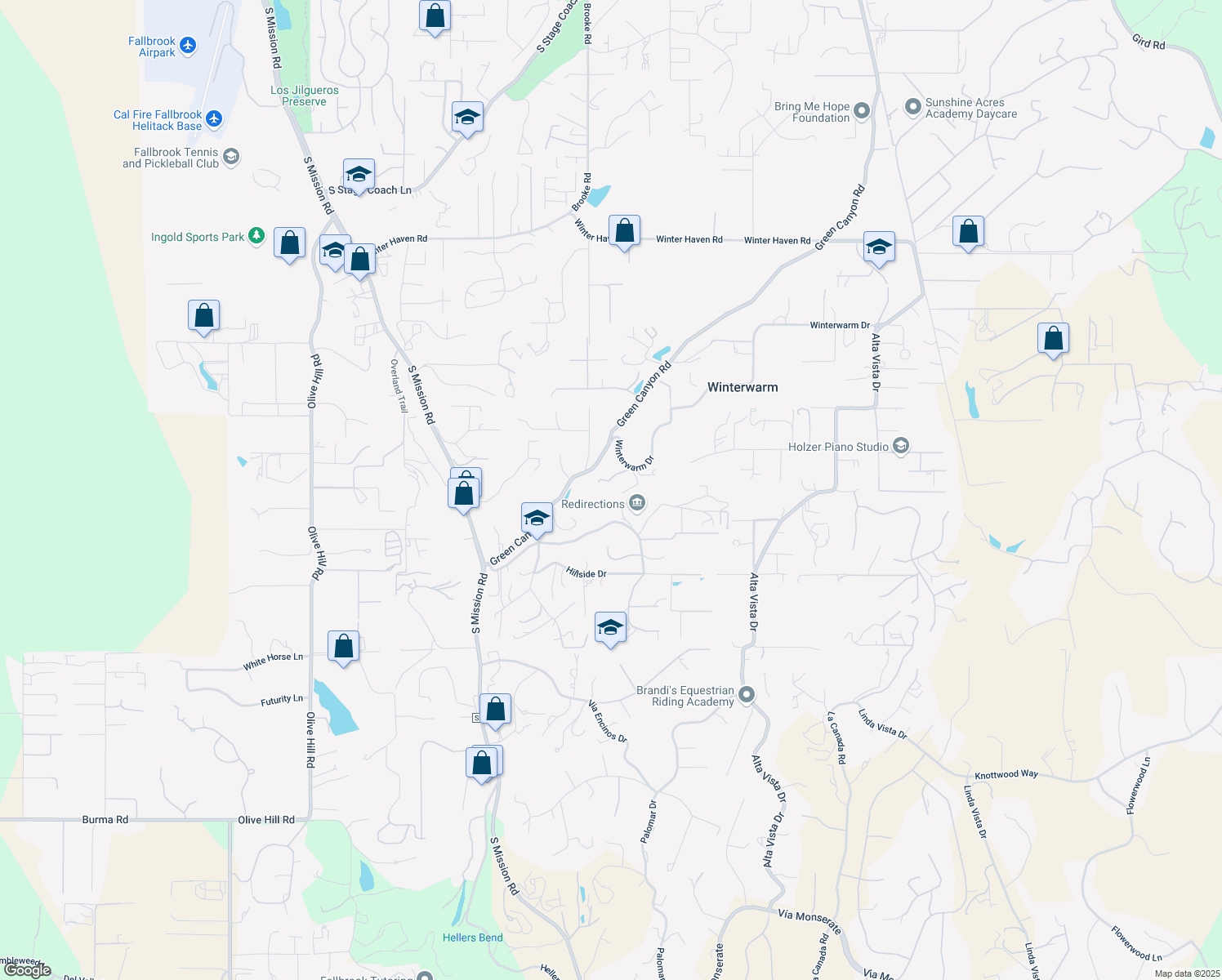 map of restaurants, bars, coffee shops, grocery stores, and more near 3088 Four Clover Court in Fallbrook
