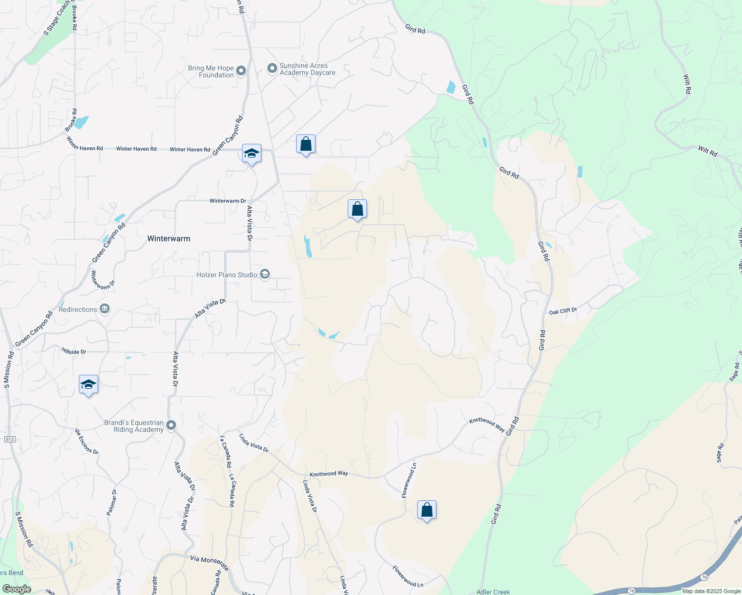 map of restaurants, bars, coffee shops, grocery stores, and more near 2835 Dos Lomas Place in Fallbrook