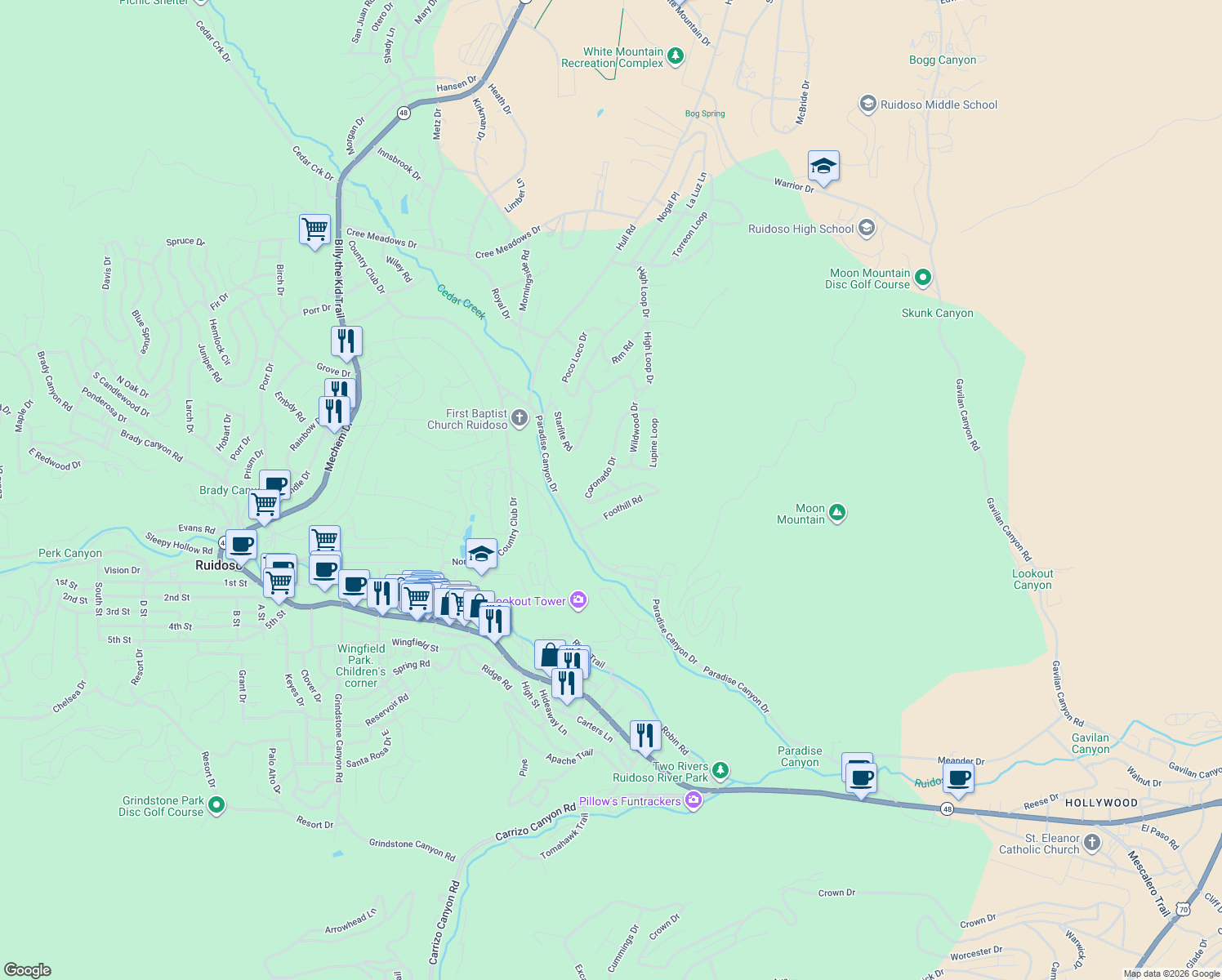 map of restaurants, bars, coffee shops, grocery stores, and more near 100 Lilac Lane in Ruidoso