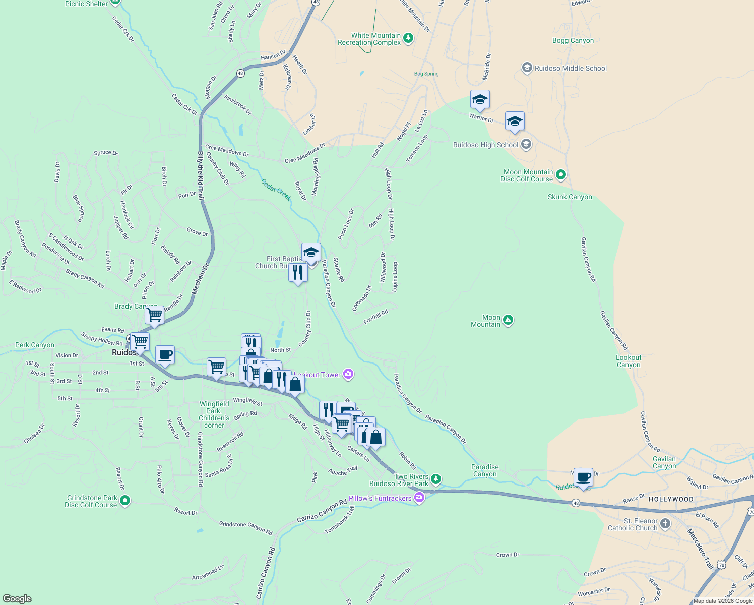 map of restaurants, bars, coffee shops, grocery stores, and more near 100 Lilac Lane in Ruidoso