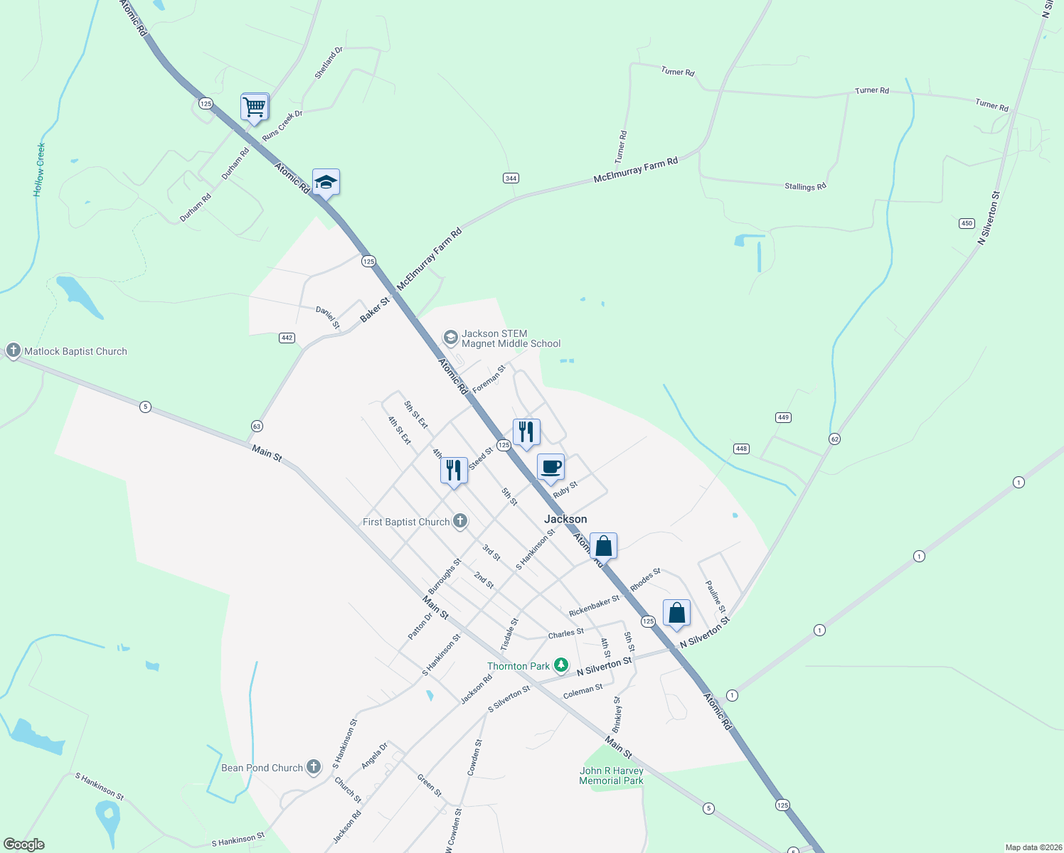 map of restaurants, bars, coffee shops, grocery stores, and more near 402 Highland Circle in Jackson