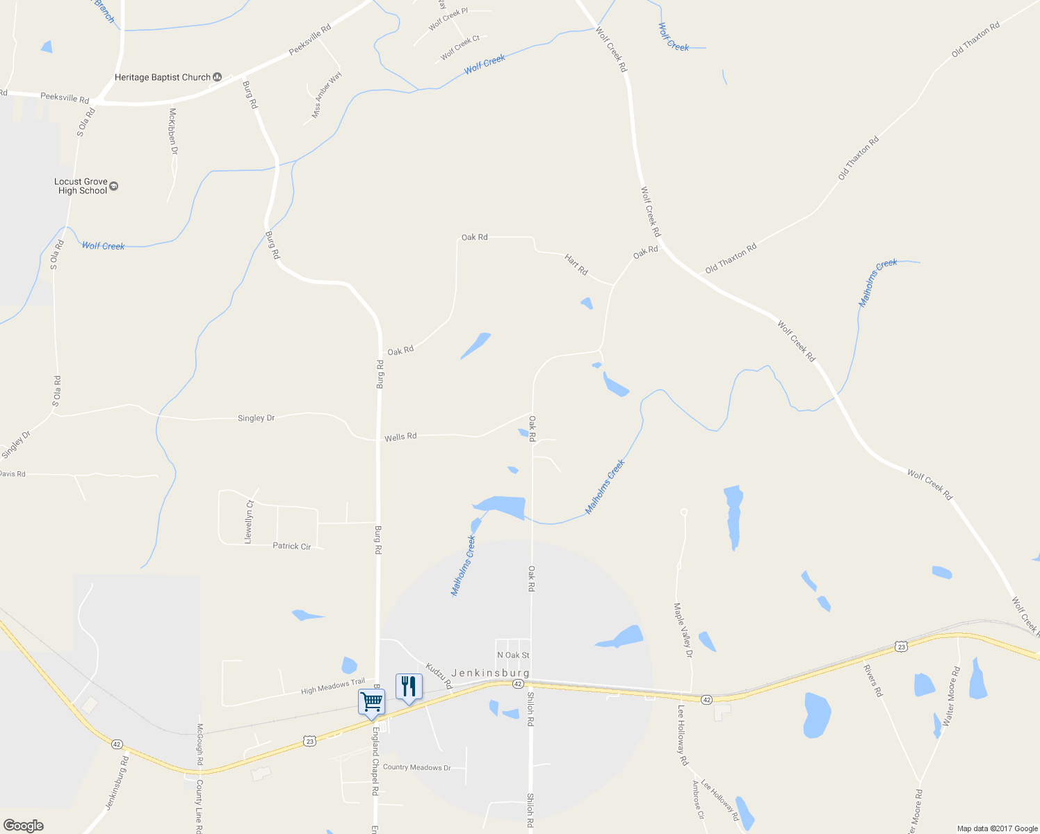 map of restaurants, bars, coffee shops, grocery stores, and more near 159 Wells Road in Jenkinsburg