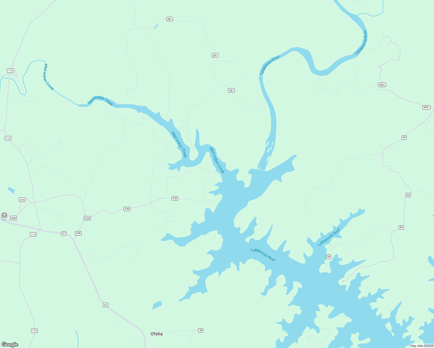 map of restaurants, bars, coffee shops, grocery stores, and more near 242 Indian Creek East in Lineville