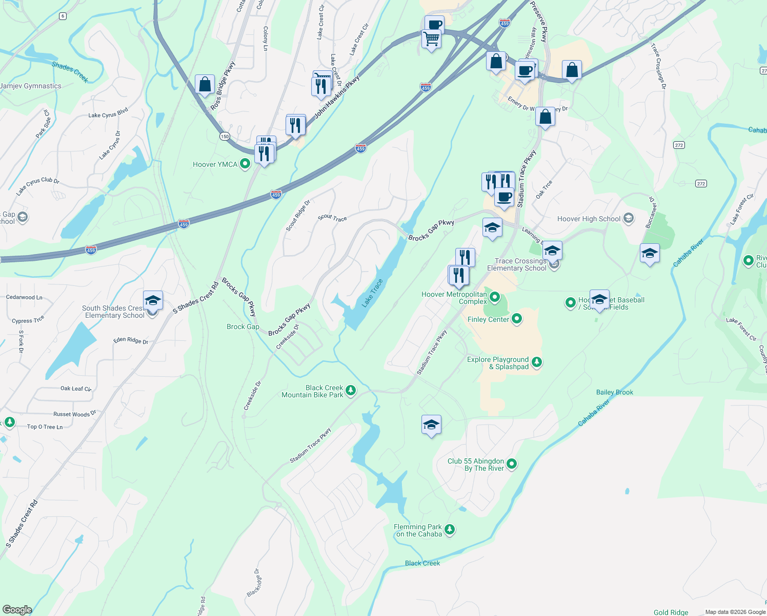 map of restaurants, bars, coffee shops, grocery stores, and more near 5775 Chestnut Trace in Birmingham