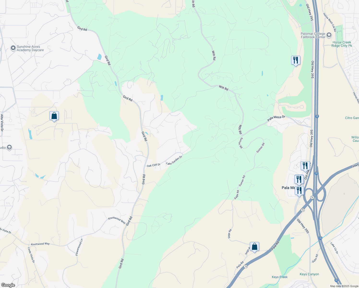 map of restaurants, bars, coffee shops, grocery stores, and more near 3711 Evergreen Court in Fallbrook