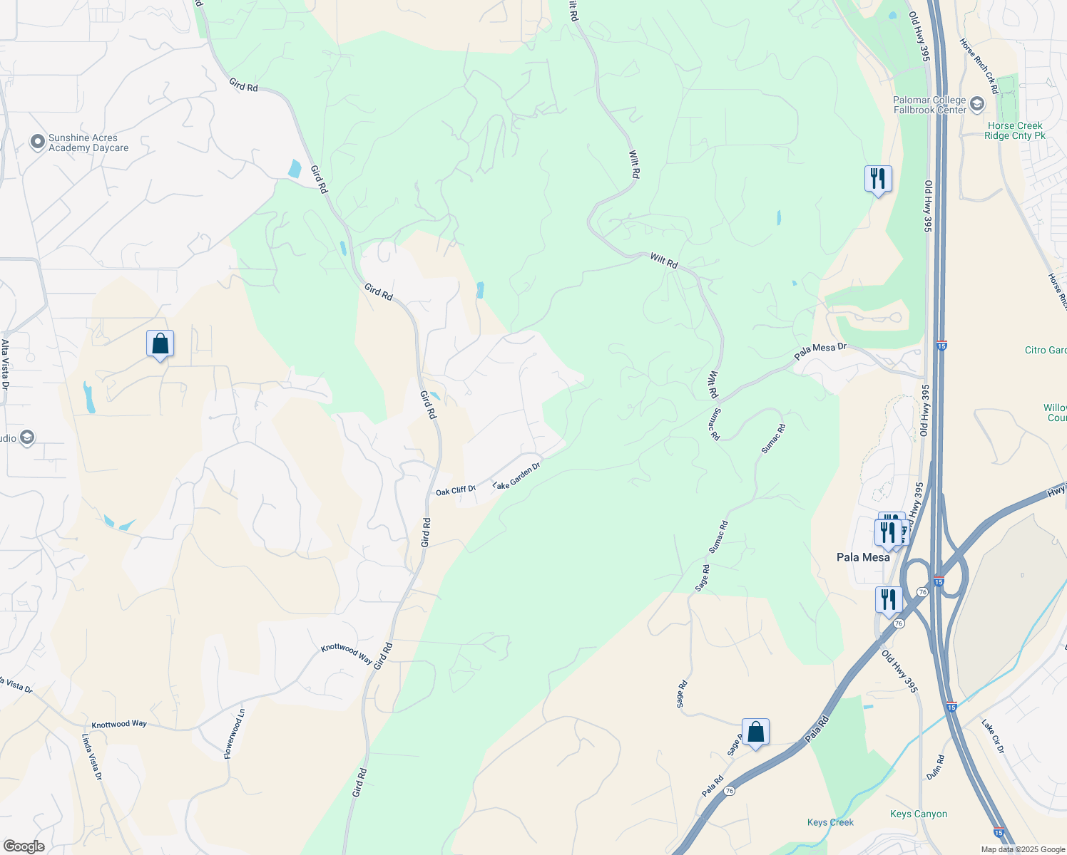map of restaurants, bars, coffee shops, grocery stores, and more near 3711 Evergreen Court in Fallbrook