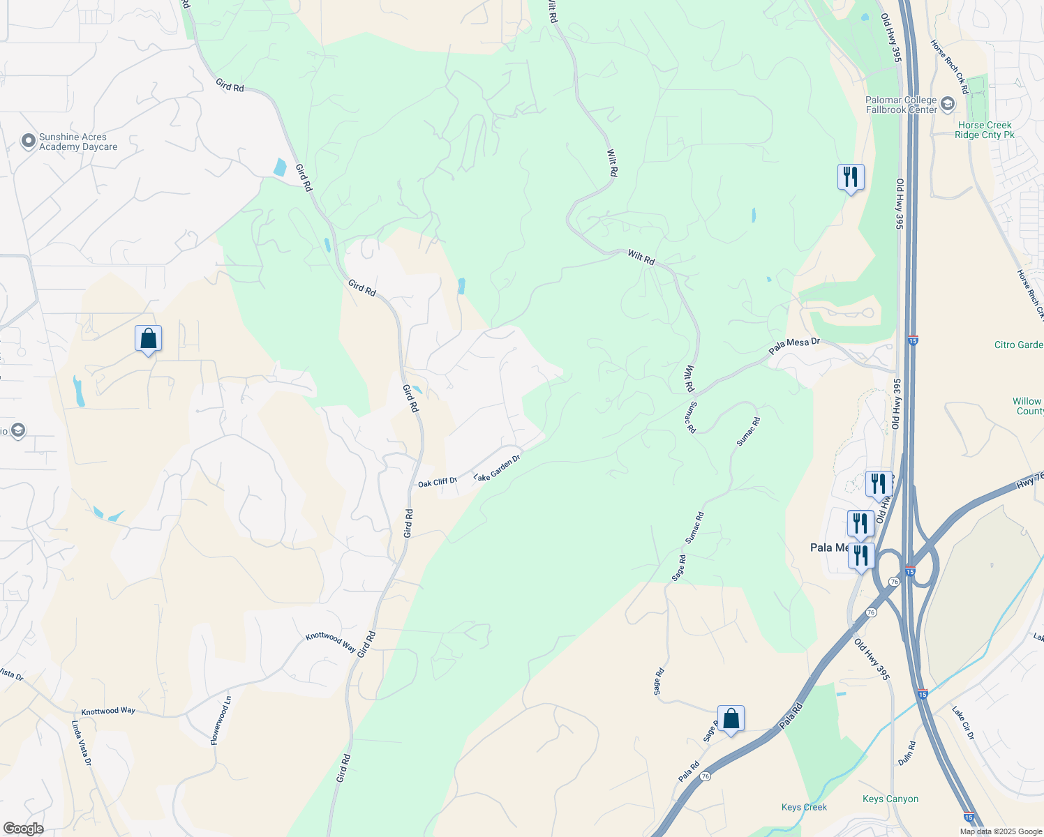 map of restaurants, bars, coffee shops, grocery stores, and more near 3727 Evergreen Court in Fallbrook