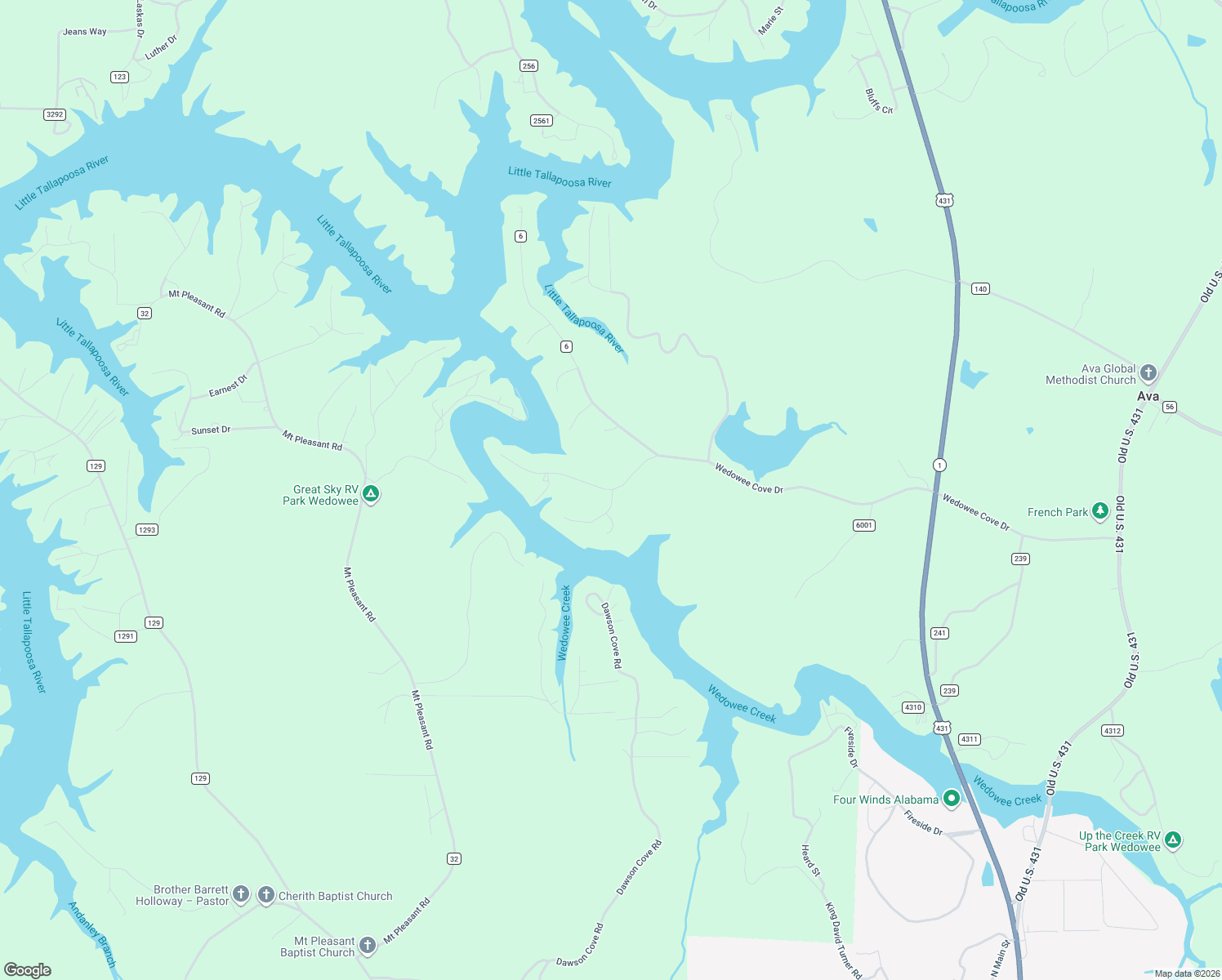 map of restaurants, bars, coffee shops, grocery stores, and more near 310 Creek Run Road in Wedowee