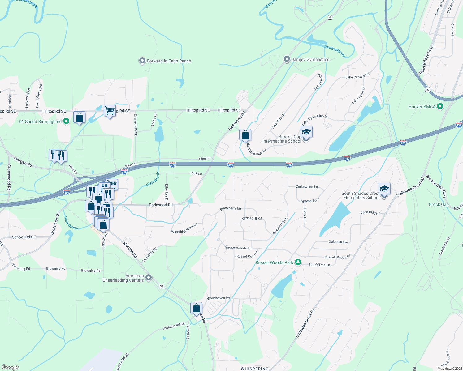 map of restaurants, bars, coffee shops, grocery stores, and more near 5020 Knollview Circle in Birmingham