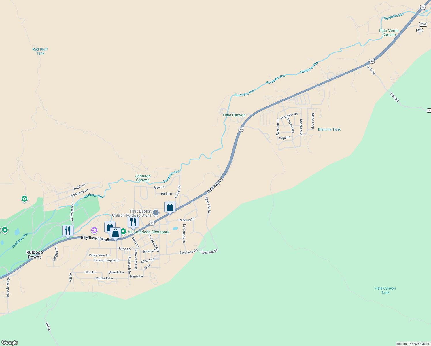 map of restaurants, bars, coffee shops, grocery stores, and more near 108 Tull Trail in Ruidoso Downs