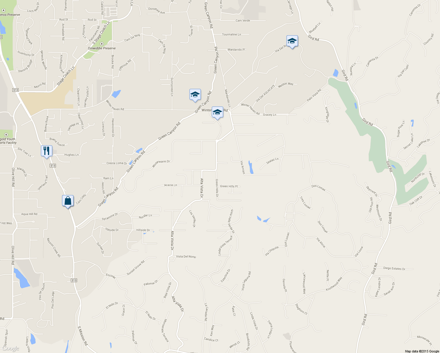 map of restaurants, bars, coffee shops, grocery stores, and more near 2840 Green Hills Dr in Fallbrook