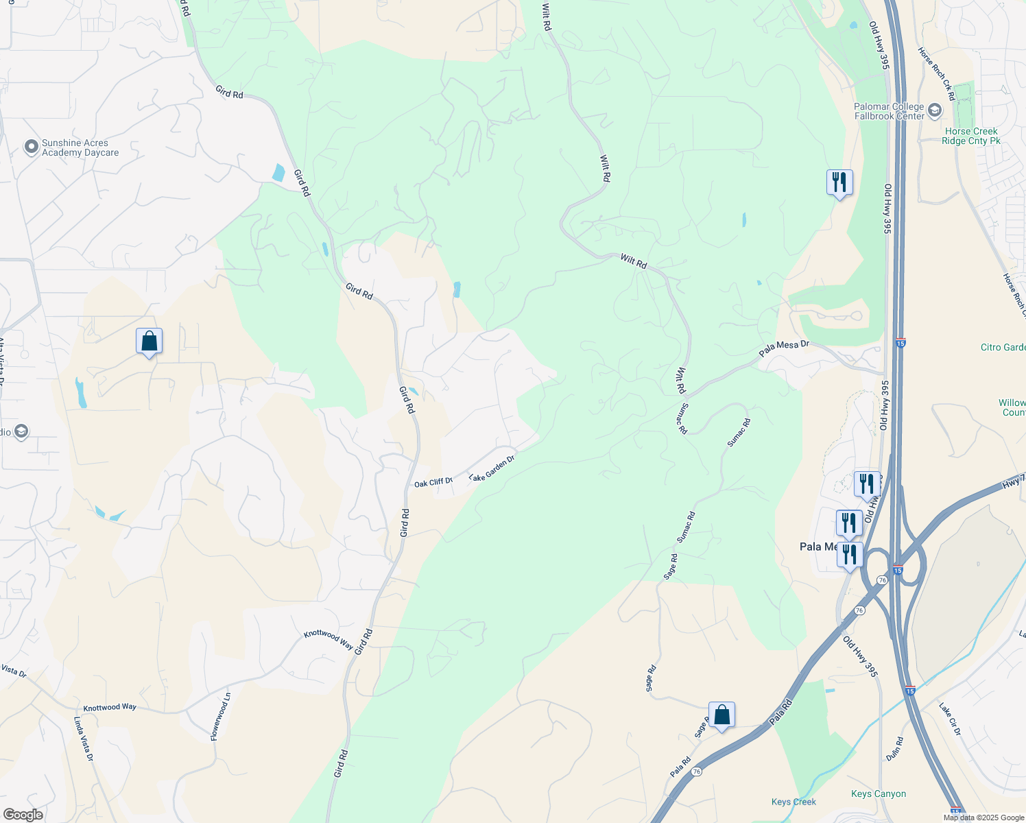 map of restaurants, bars, coffee shops, grocery stores, and more near 3727 Evergreen Court in Fallbrook