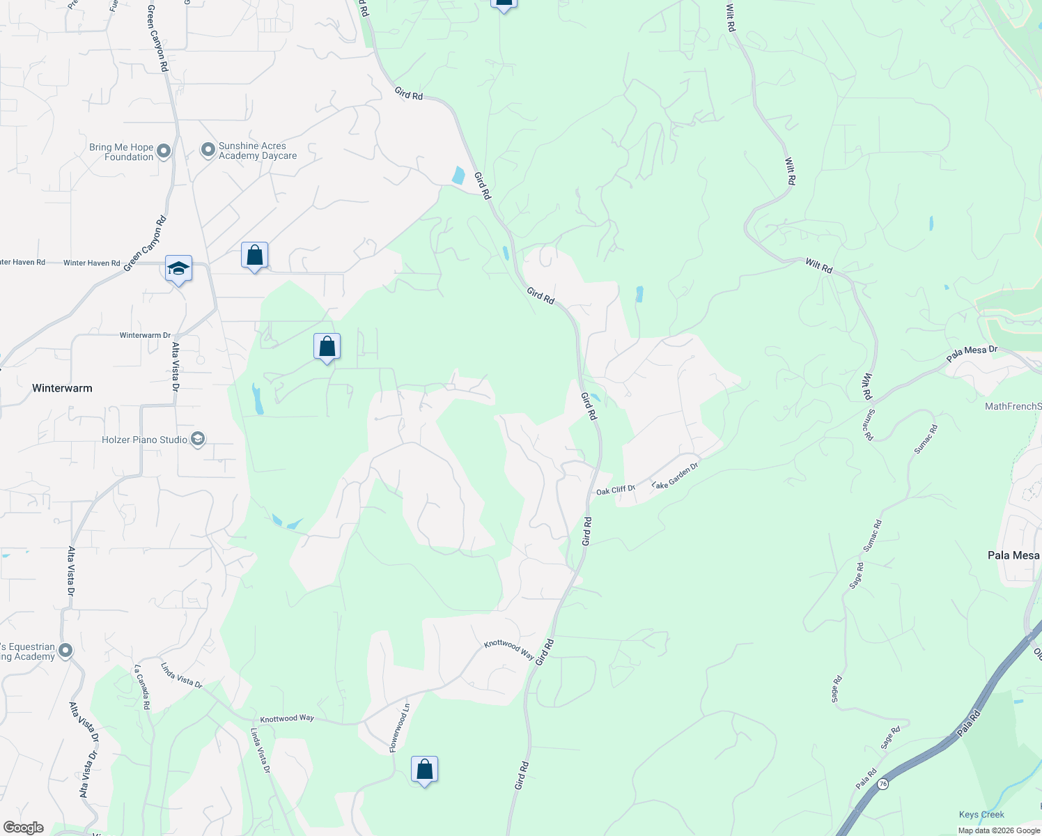 map of restaurants, bars, coffee shops, grocery stores, and more near 3006 Skycrest Drive in Fallbrook