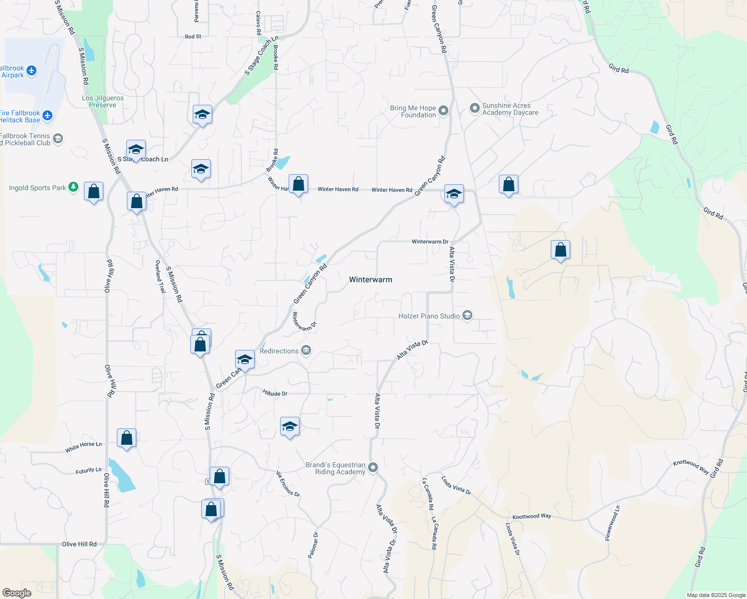 map of restaurants, bars, coffee shops, grocery stores, and more near 1706 Acacia Lane in Fallbrook