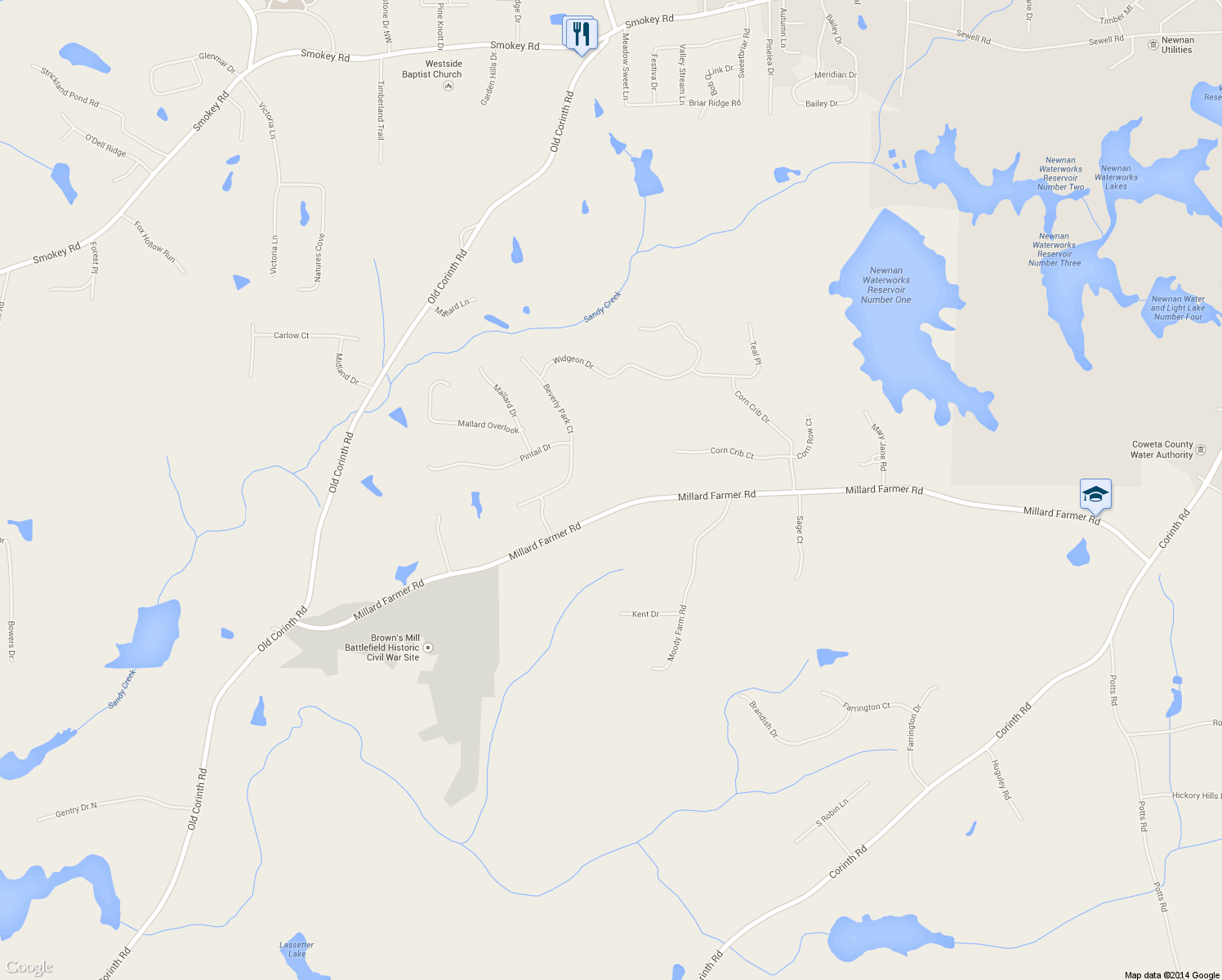 map of restaurants, bars, coffee shops, grocery stores, and more near 550 Millard Farmer Road in Newnan