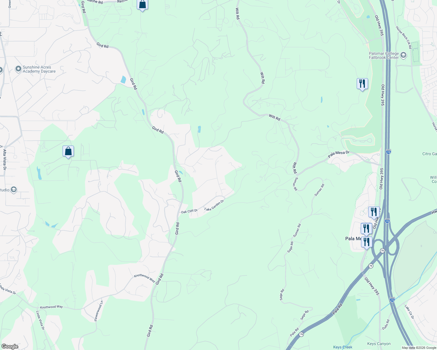 map of restaurants, bars, coffee shops, grocery stores, and more near 2920 Lakemont Drive in Fallbrook