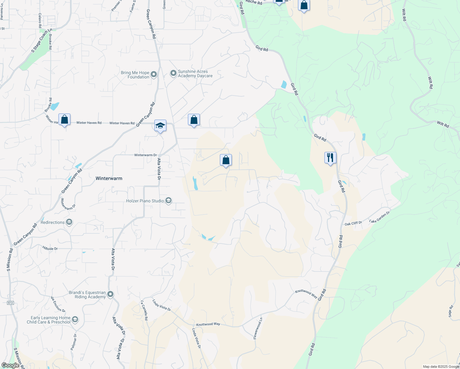 map of restaurants, bars, coffee shops, grocery stores, and more near 2860 Via Rancheros Way in Fallbrook