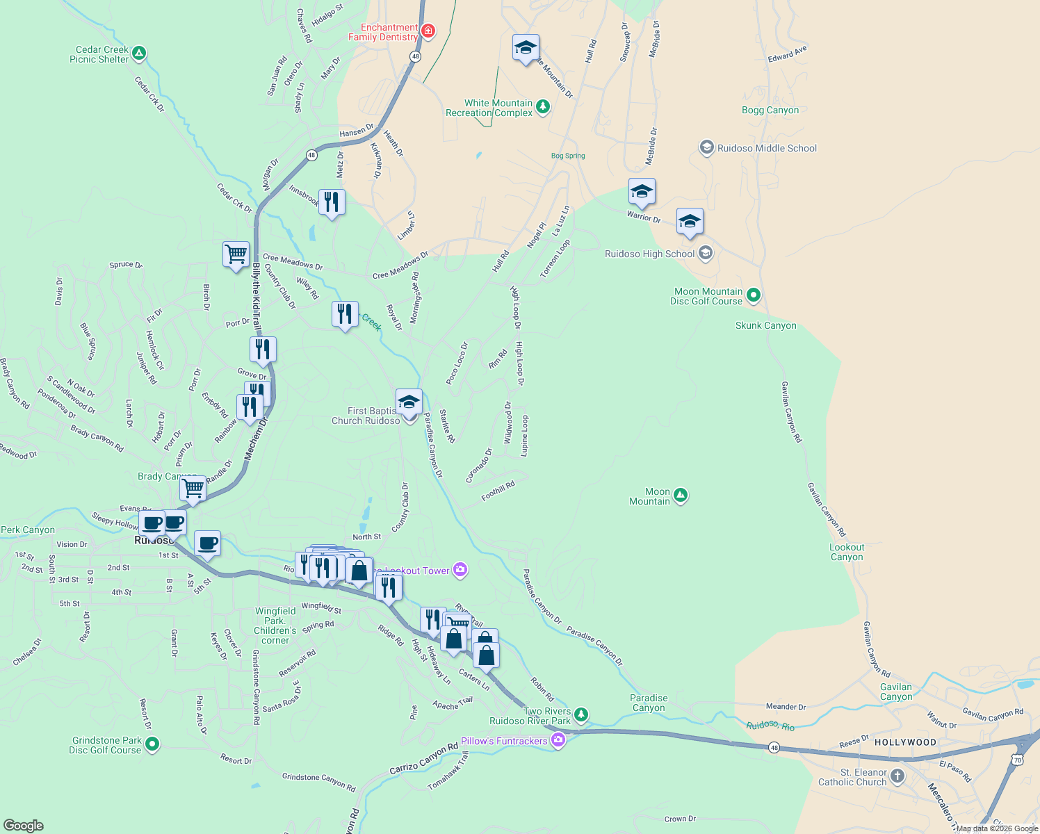 map of restaurants, bars, coffee shops, grocery stores, and more near 130 Lupine Loop in Ruidoso