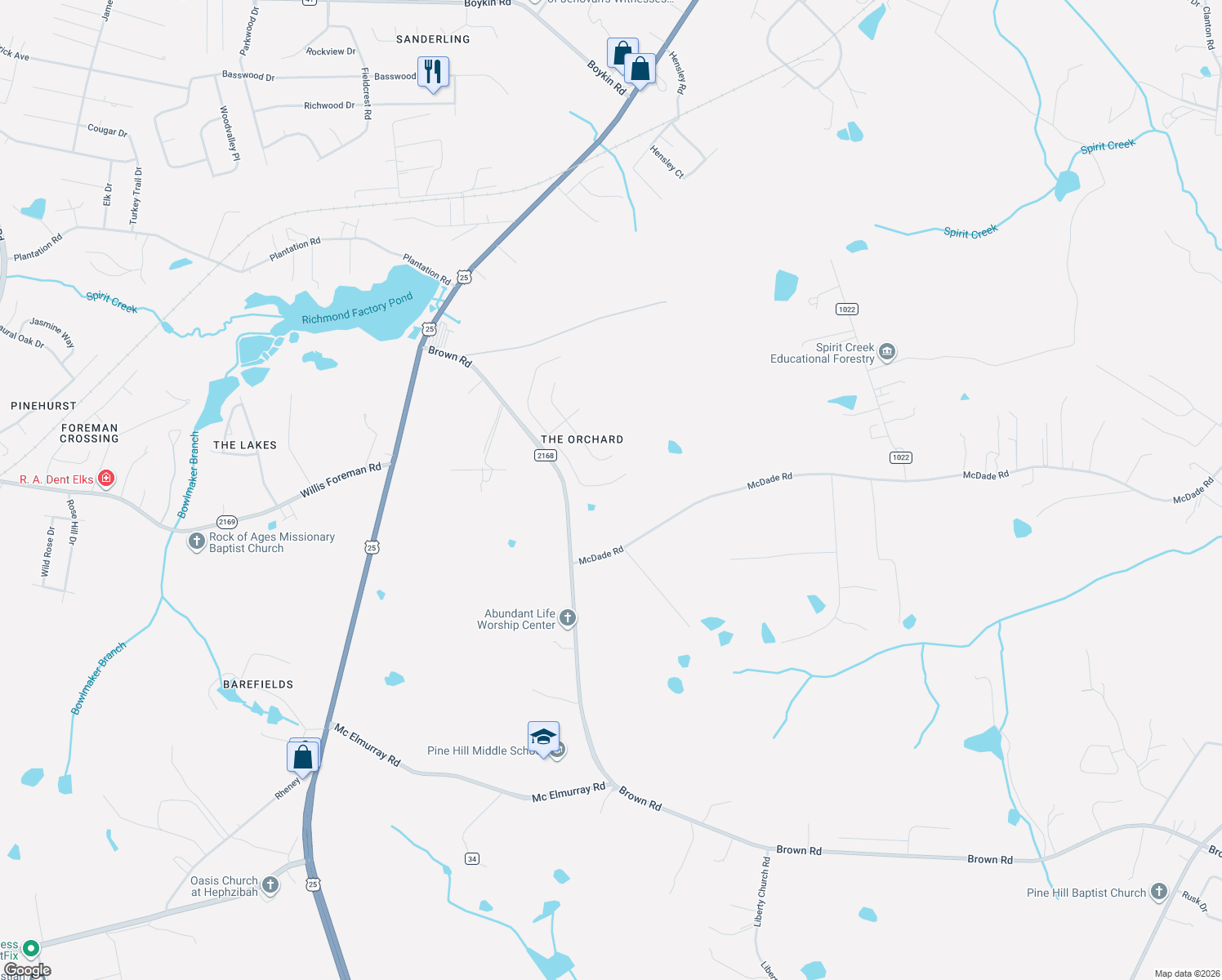 map of restaurants, bars, coffee shops, grocery stores, and more near 2236 Sunny Day Drive in Hephzibah
