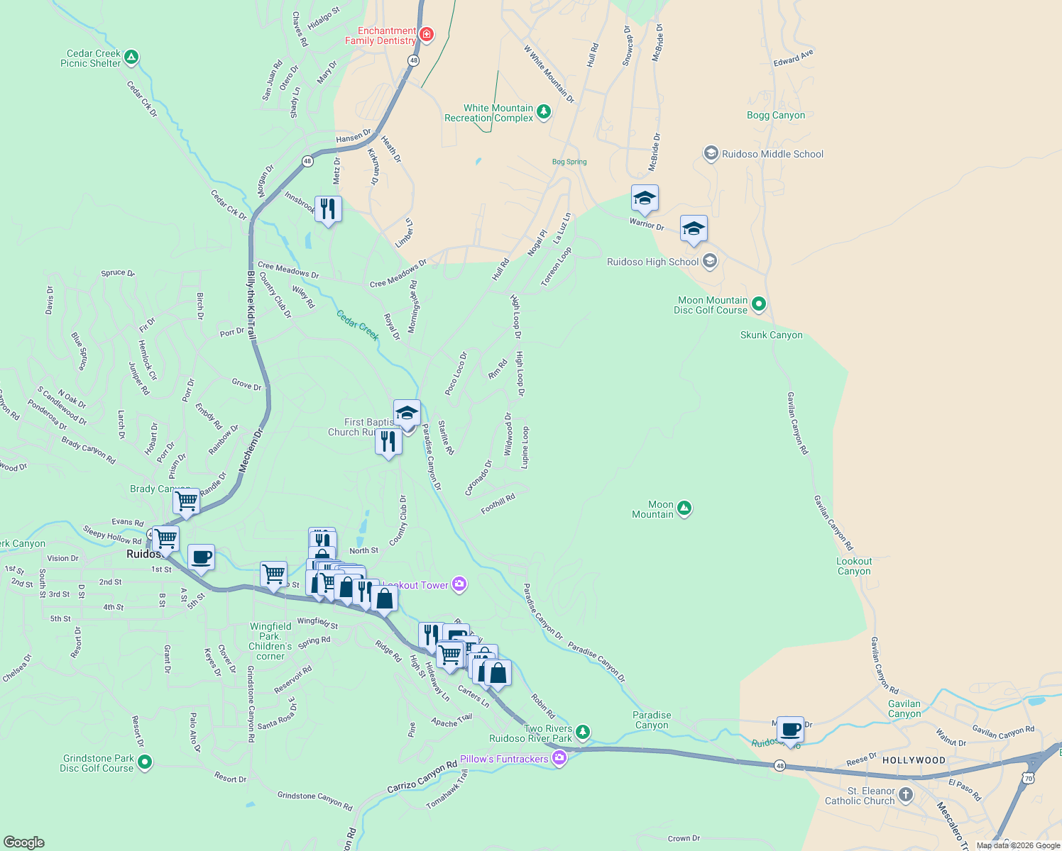 map of restaurants, bars, coffee shops, grocery stores, and more near 130 Lupine Loop in Ruidoso