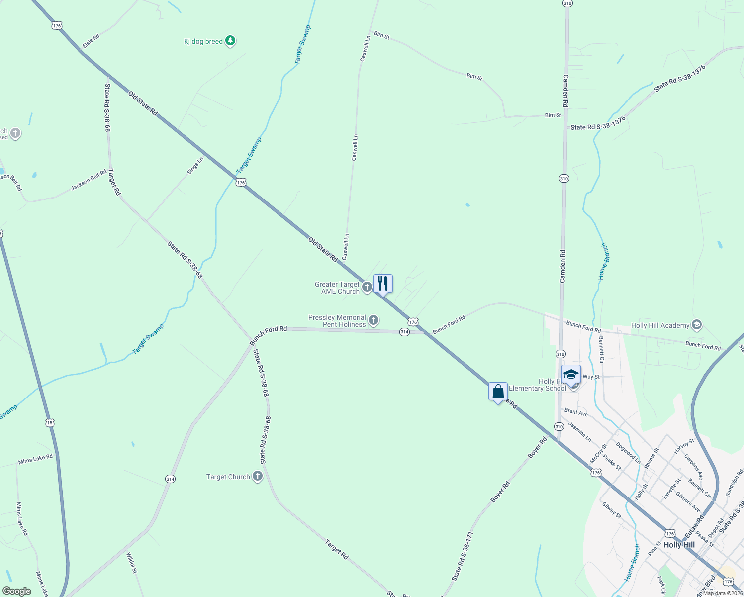 map of restaurants, bars, coffee shops, grocery stores, and more near 7256 Old State Road in Holly Hill