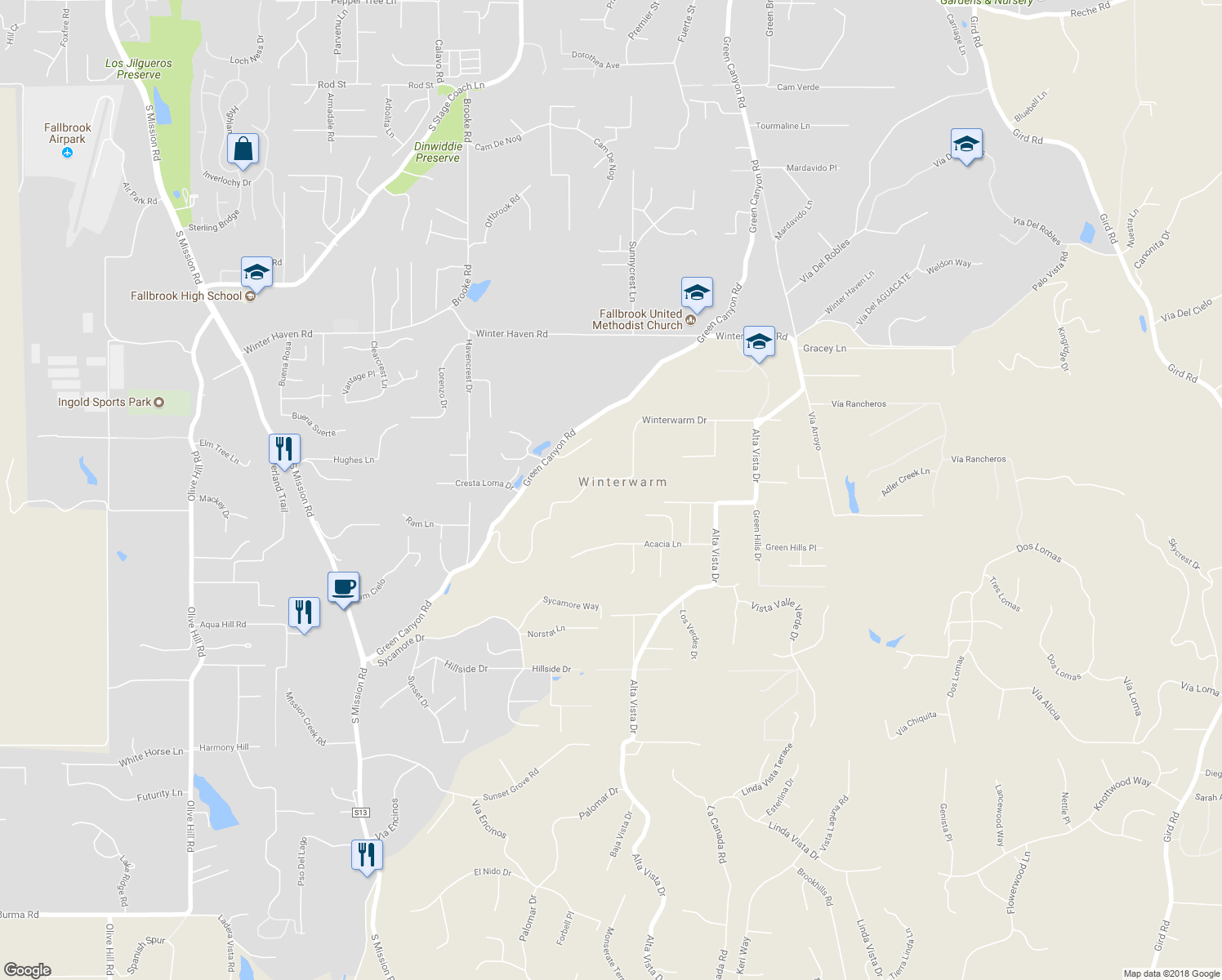 map of restaurants, bars, coffee shops, grocery stores, and more near 1717 Winterwarm Drive in Fallbrook