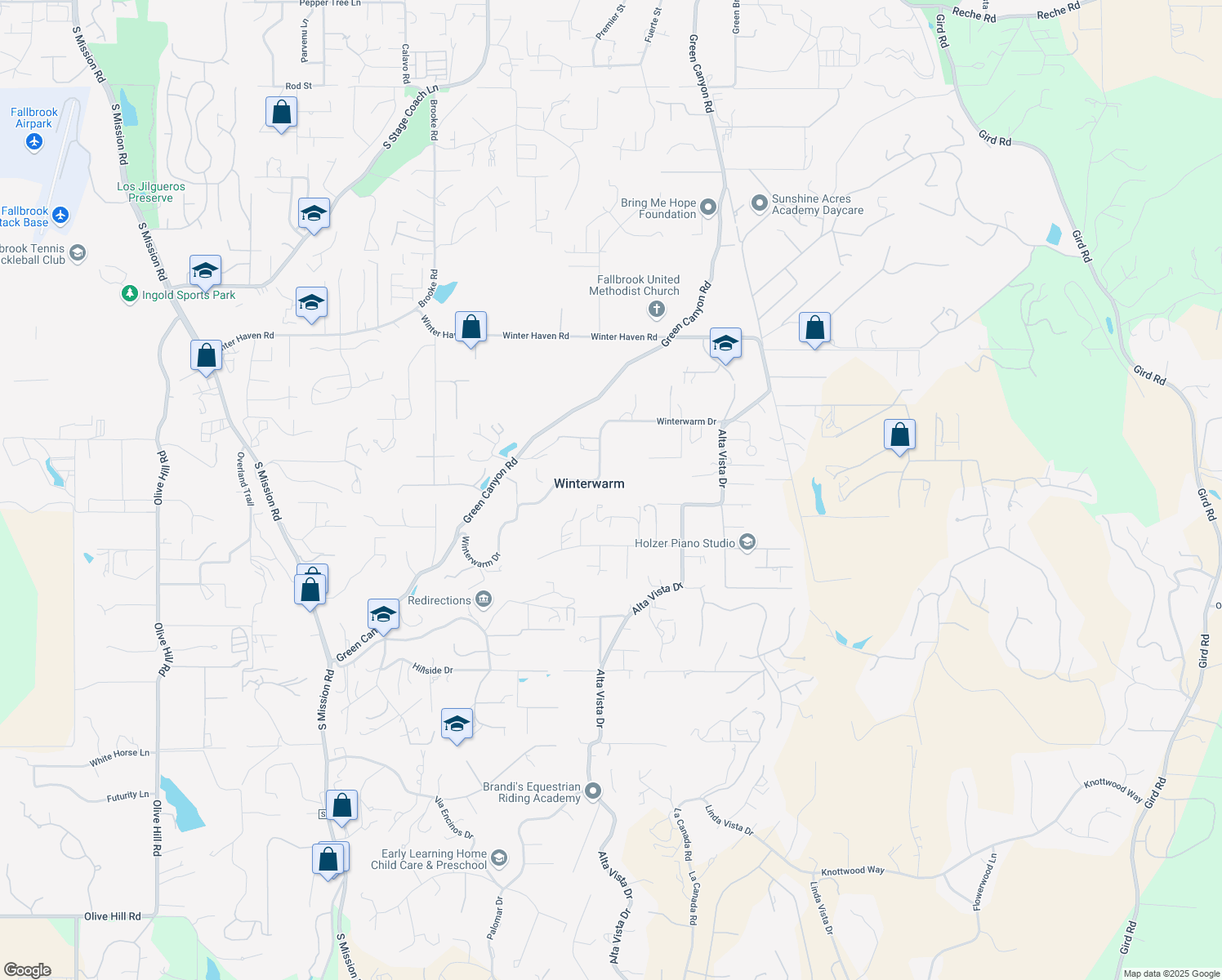 map of restaurants, bars, coffee shops, grocery stores, and more near 1761 Winterwarm Drive in Fallbrook