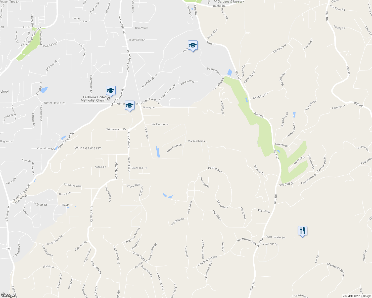 map of restaurants, bars, coffee shops, grocery stores, and more near 2836 Via Rancheros Way in Fallbrook