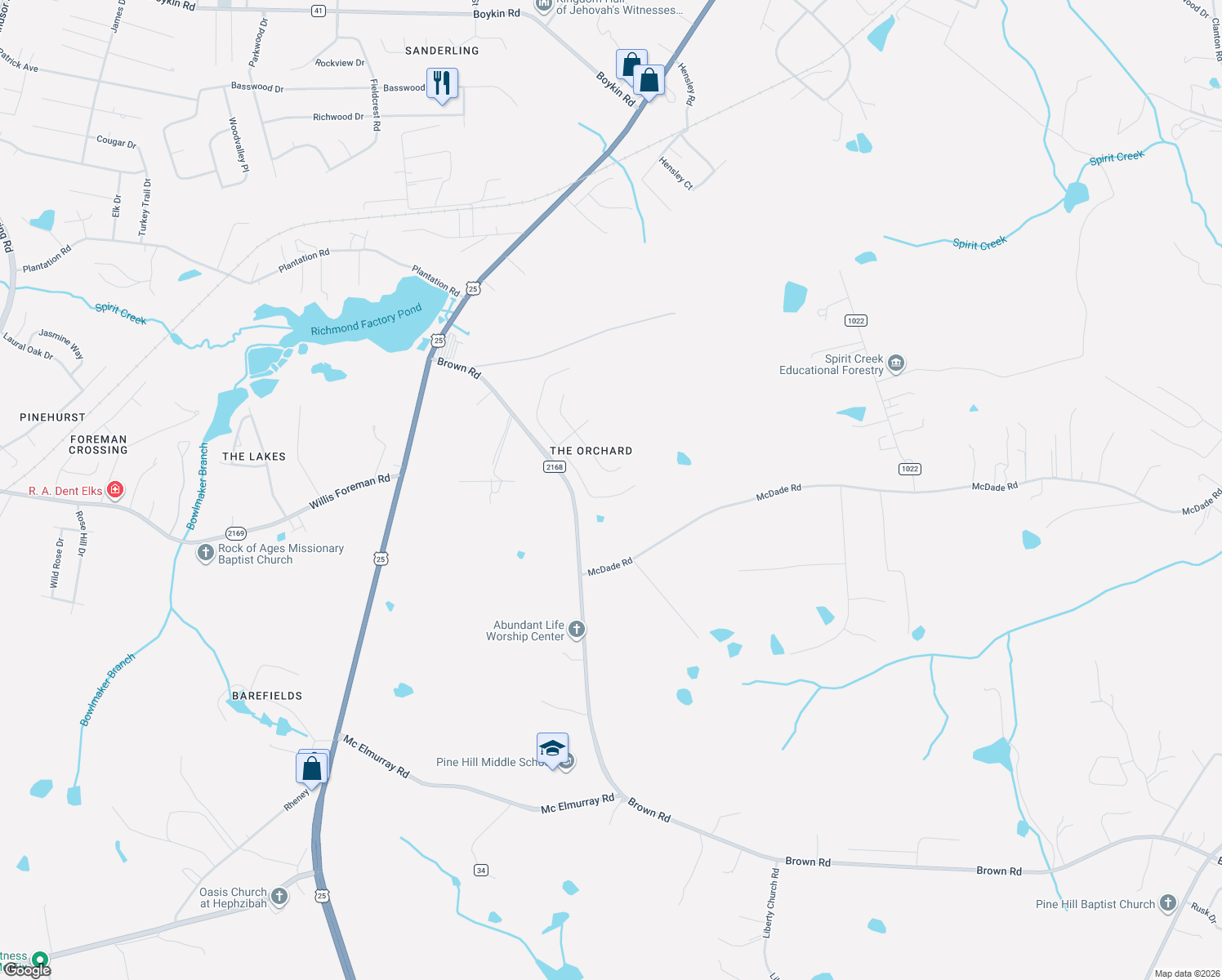 map of restaurants, bars, coffee shops, grocery stores, and more near 2236 Sunny Day Drive in Hephzibah