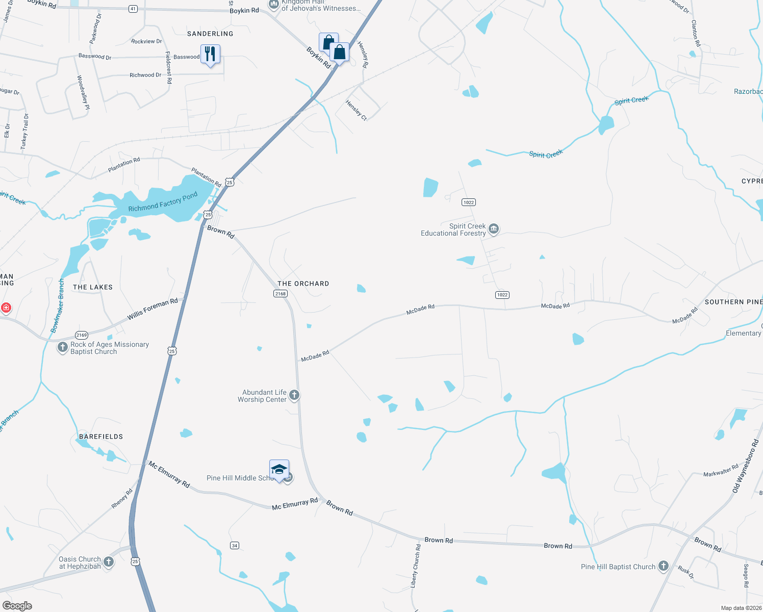 map of restaurants, bars, coffee shops, grocery stores, and more near 2039 McDade Road in Hephzibah