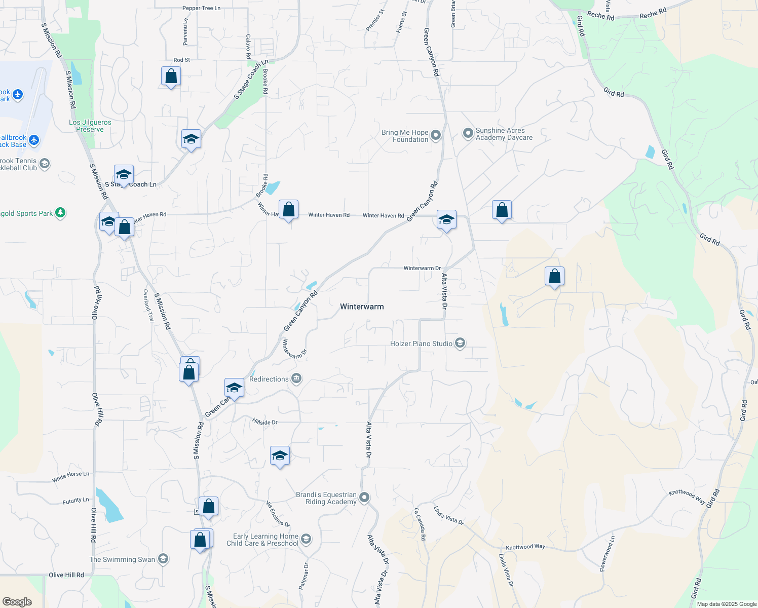 map of restaurants, bars, coffee shops, grocery stores, and more near 1761 Winterwarm Drive in Fallbrook