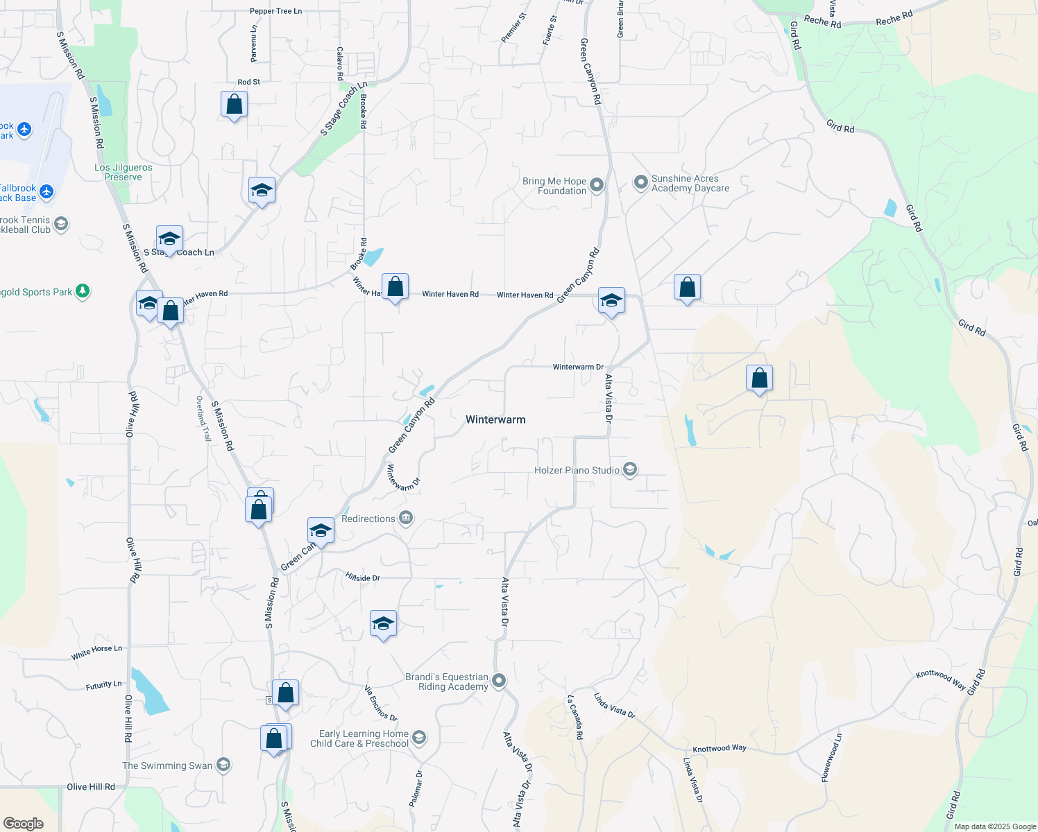 map of restaurants, bars, coffee shops, grocery stores, and more near 1761 Winterwarm Drive in Fallbrook